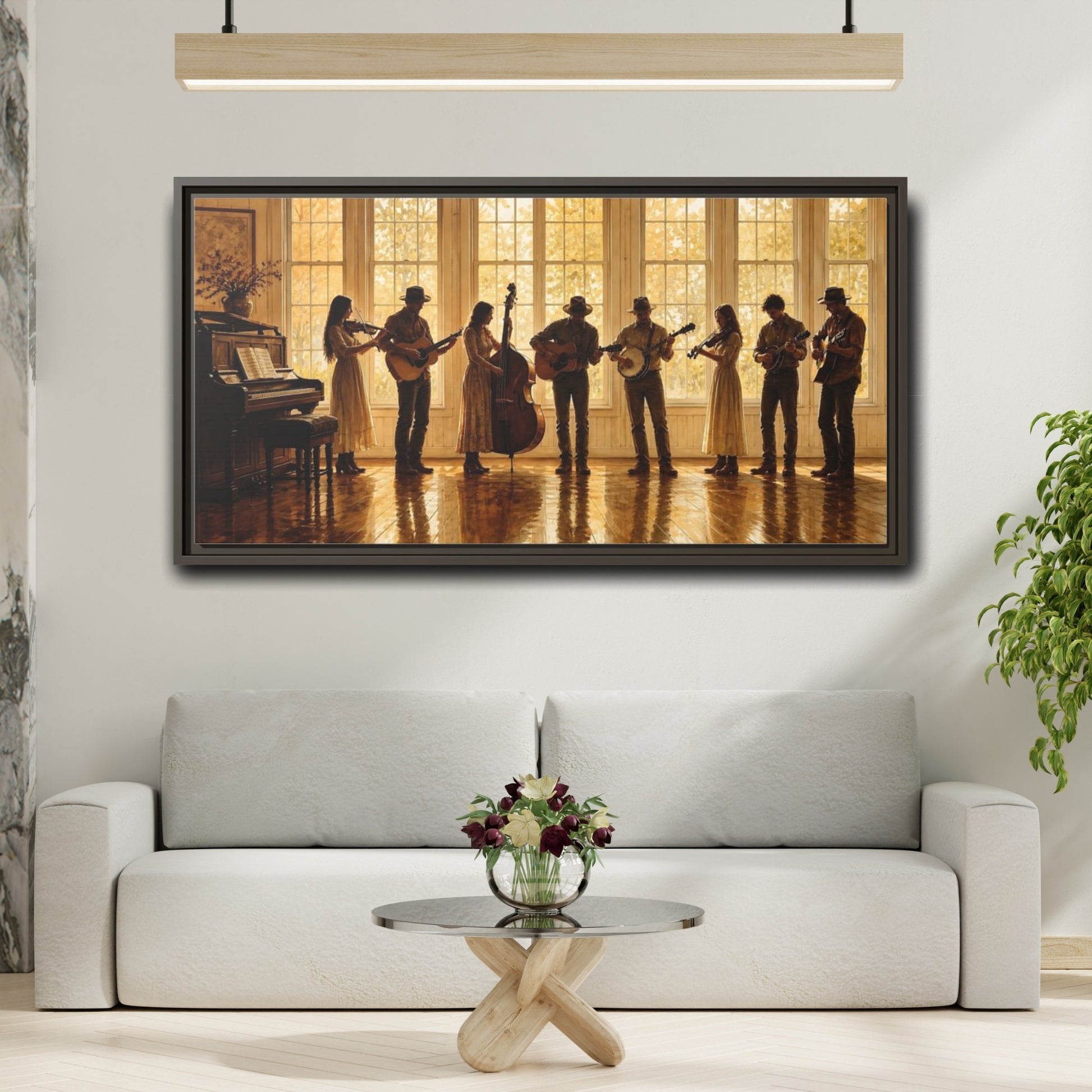 Mockup 2. Sunlit Folk Ensemble shown as framed canvas print
