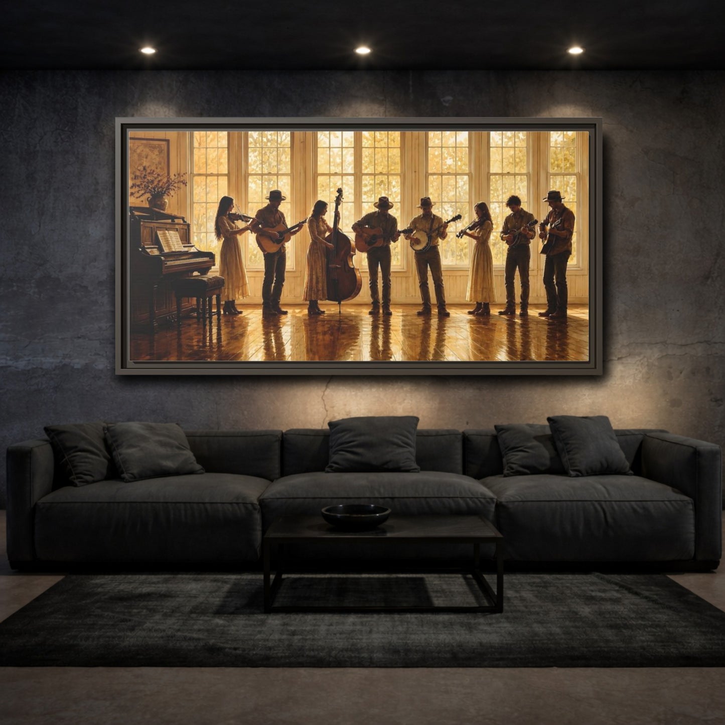 Mockup 3. Sunlit Folk Ensemble shown as framed canvas print
