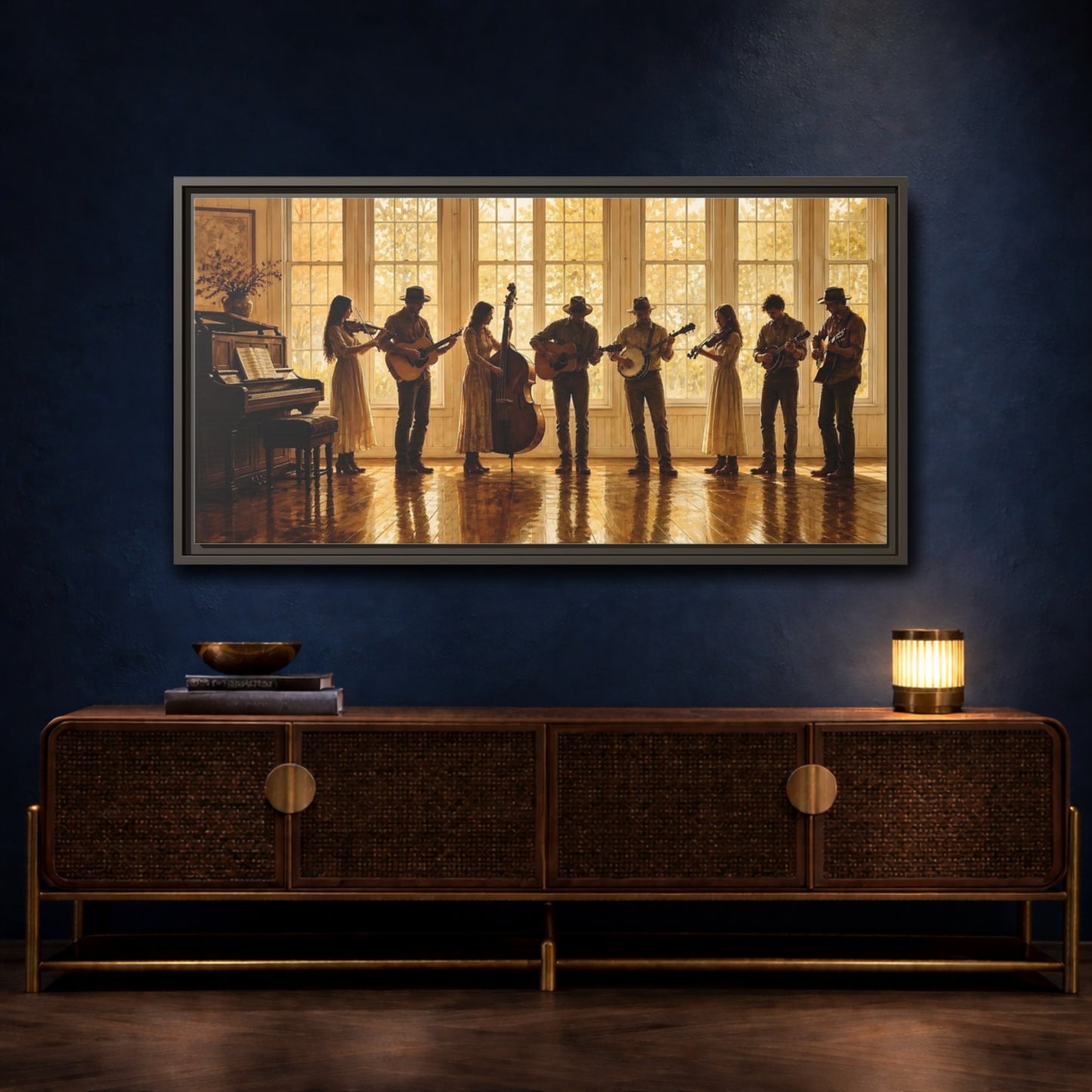 Mockup 4. Sunlit Folk Ensemble shown as framed canvas print