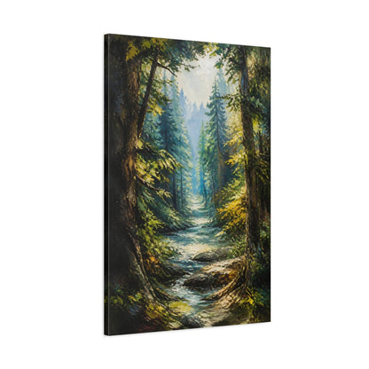 Main Mockup. Sunlit Forest Stream shown as canvas print
