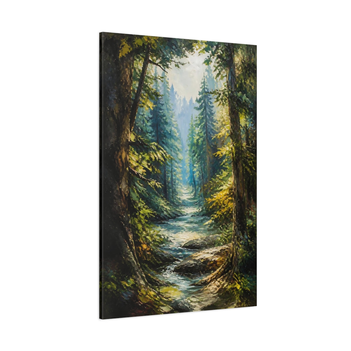 Side Mockup 1. Sunlit Forest Stream shown as canvas print