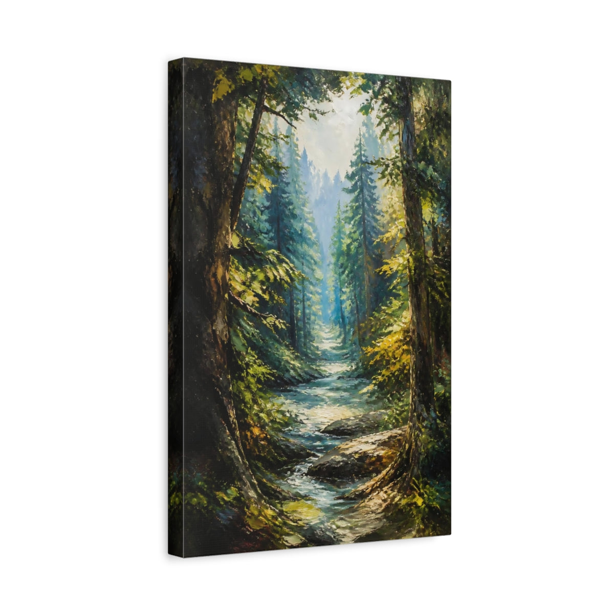 Side Mockup 4. Sunlit Forest Stream shown as canvas print