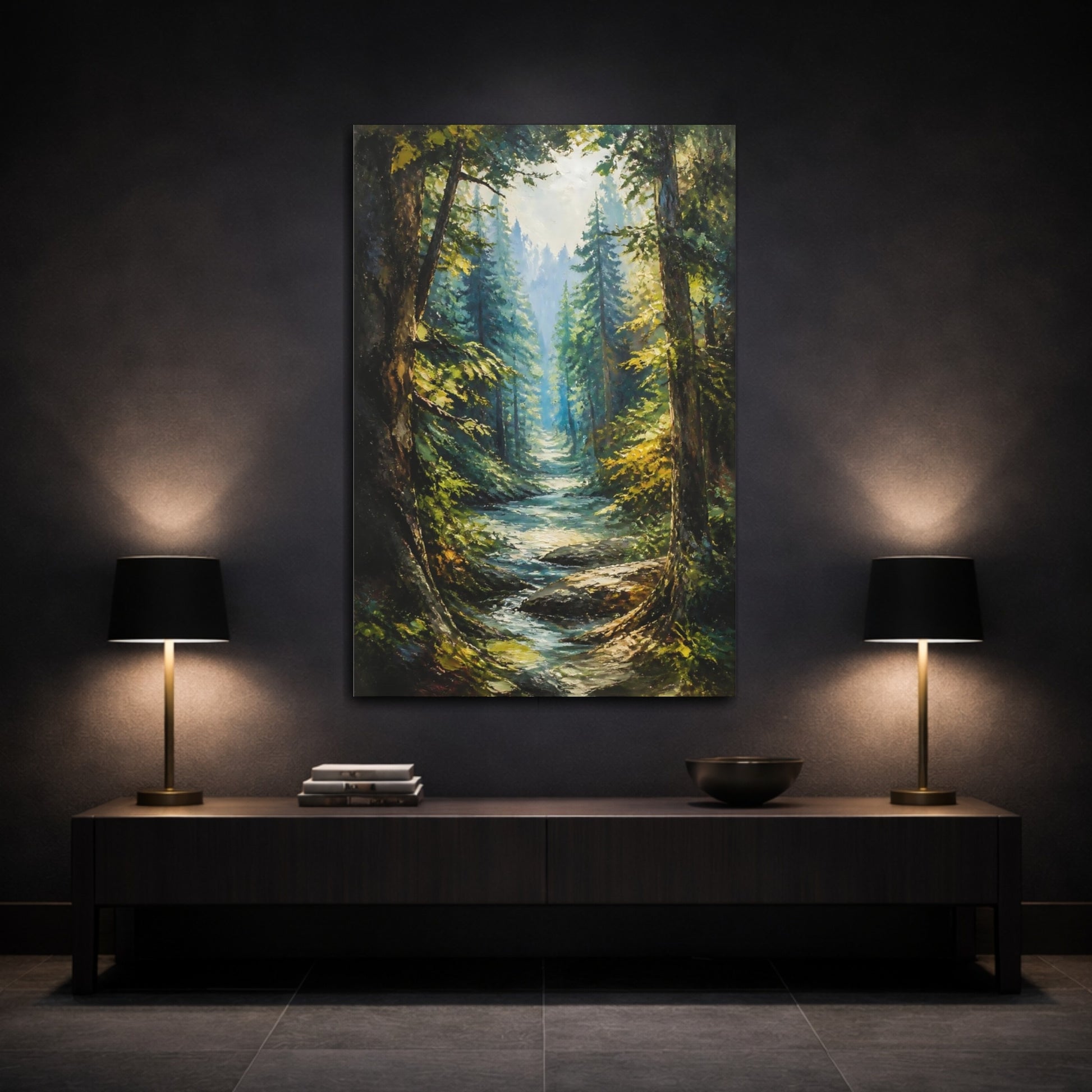 Mockup 3. Sunlit Forest Stream shown as canvas print