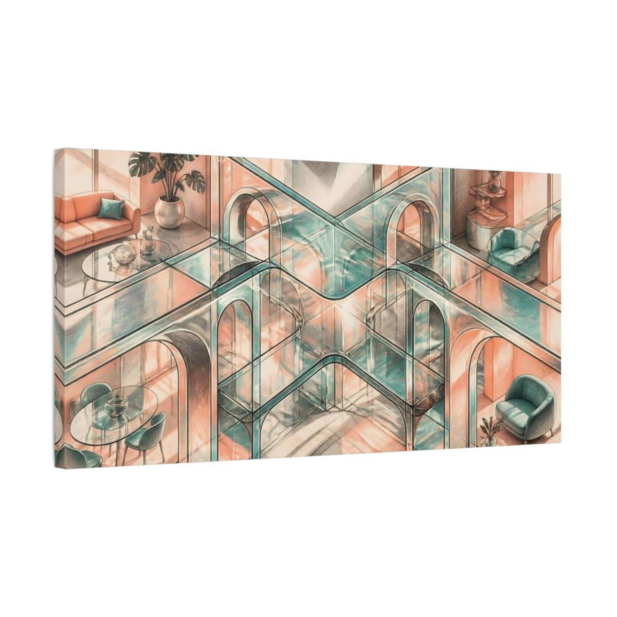 Side Mockup 1. Sunlit Glass Arches shown as canvas print