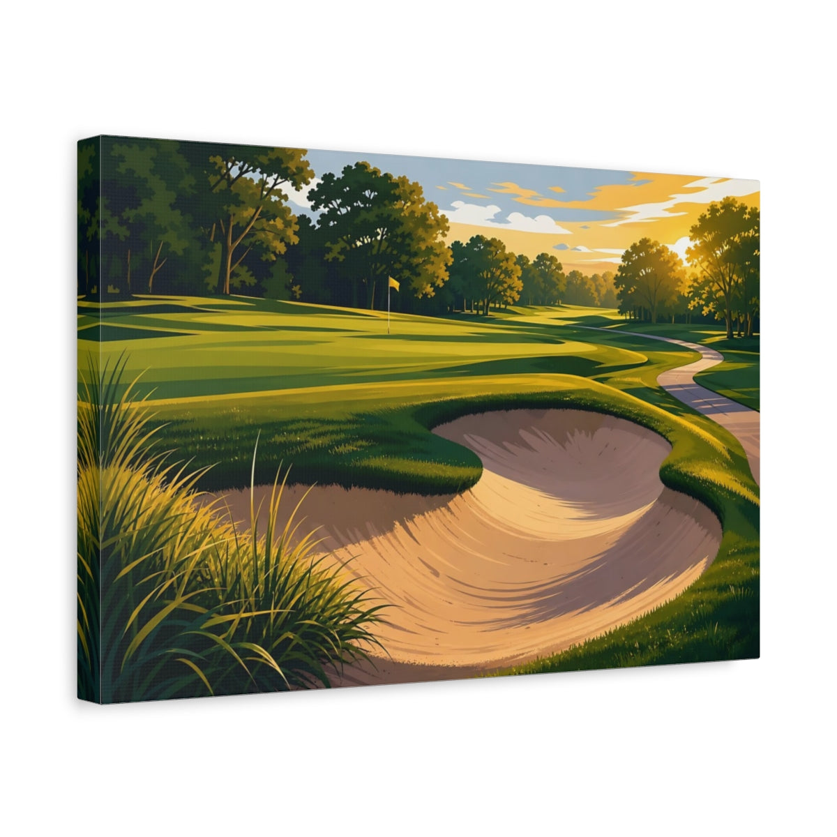 Side Mockup 4. Sunlit Golf Course Bunker shown as canvas print