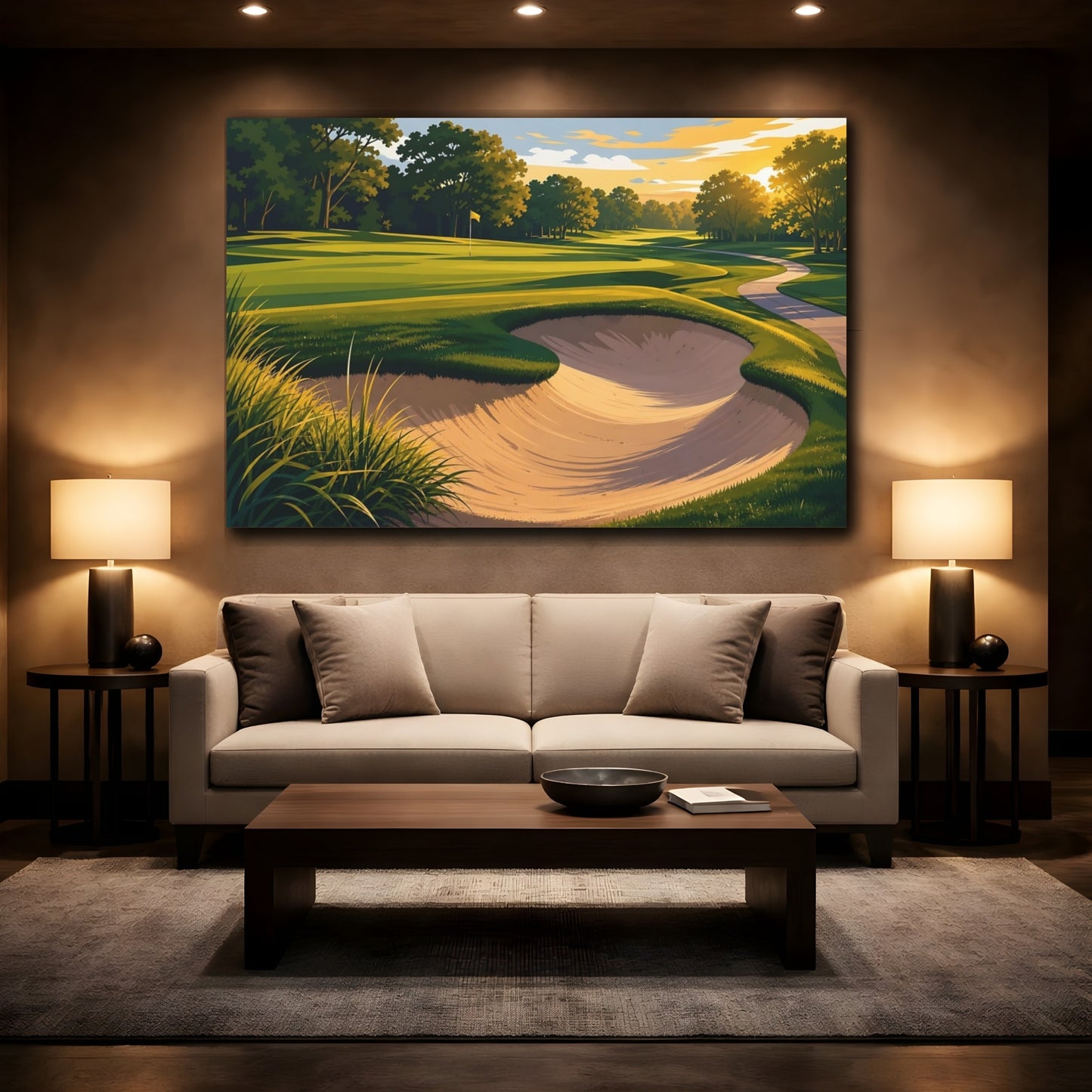 Mockup 2. Sunlit Golf Course Bunker shown as canvas print