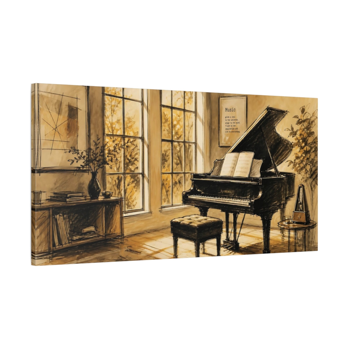 Main Mockup. Sunlit Grand Piano In Sepia shown as canvas print