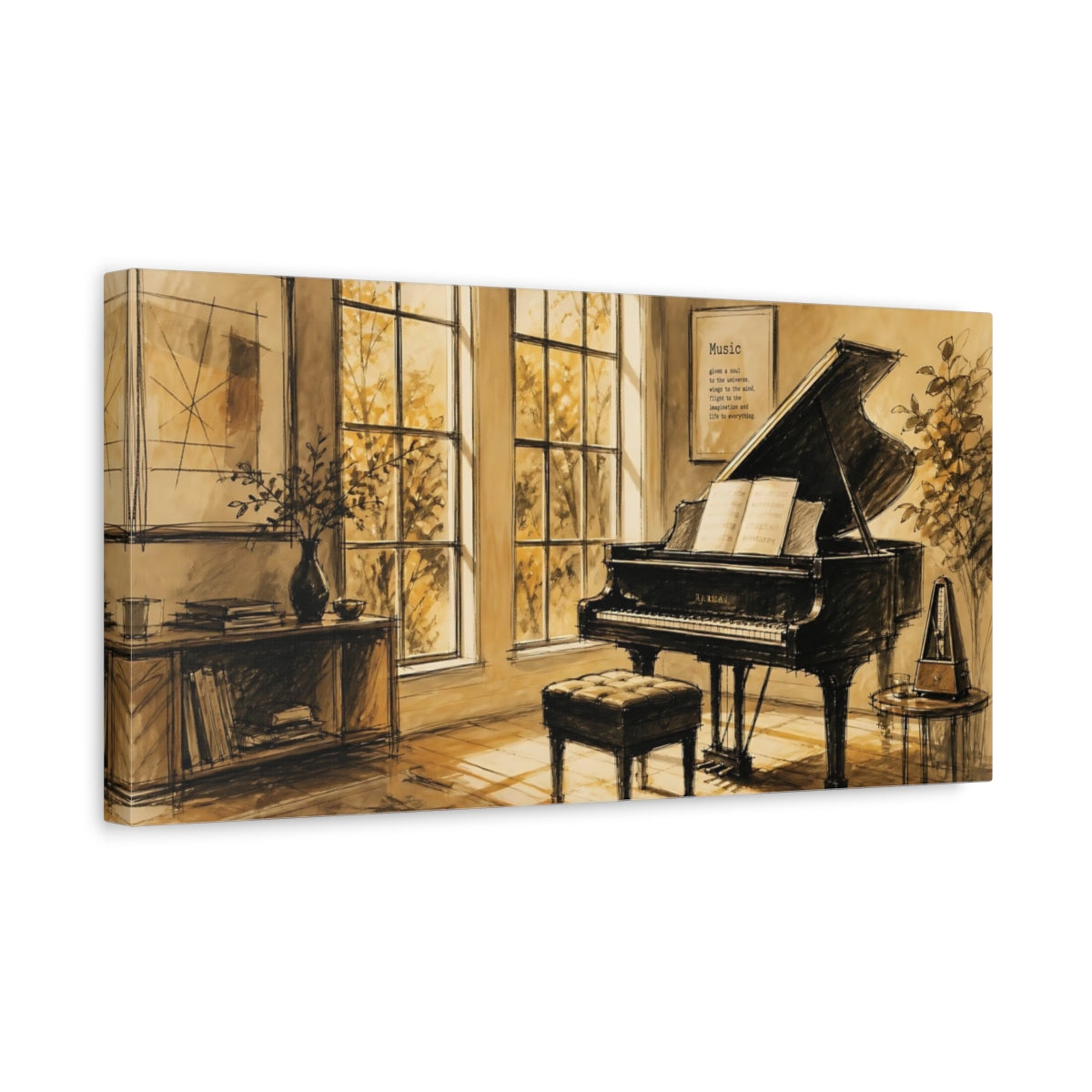 Side Mockup 3. Sunlit Grand Piano In Sepia shown as canvas print