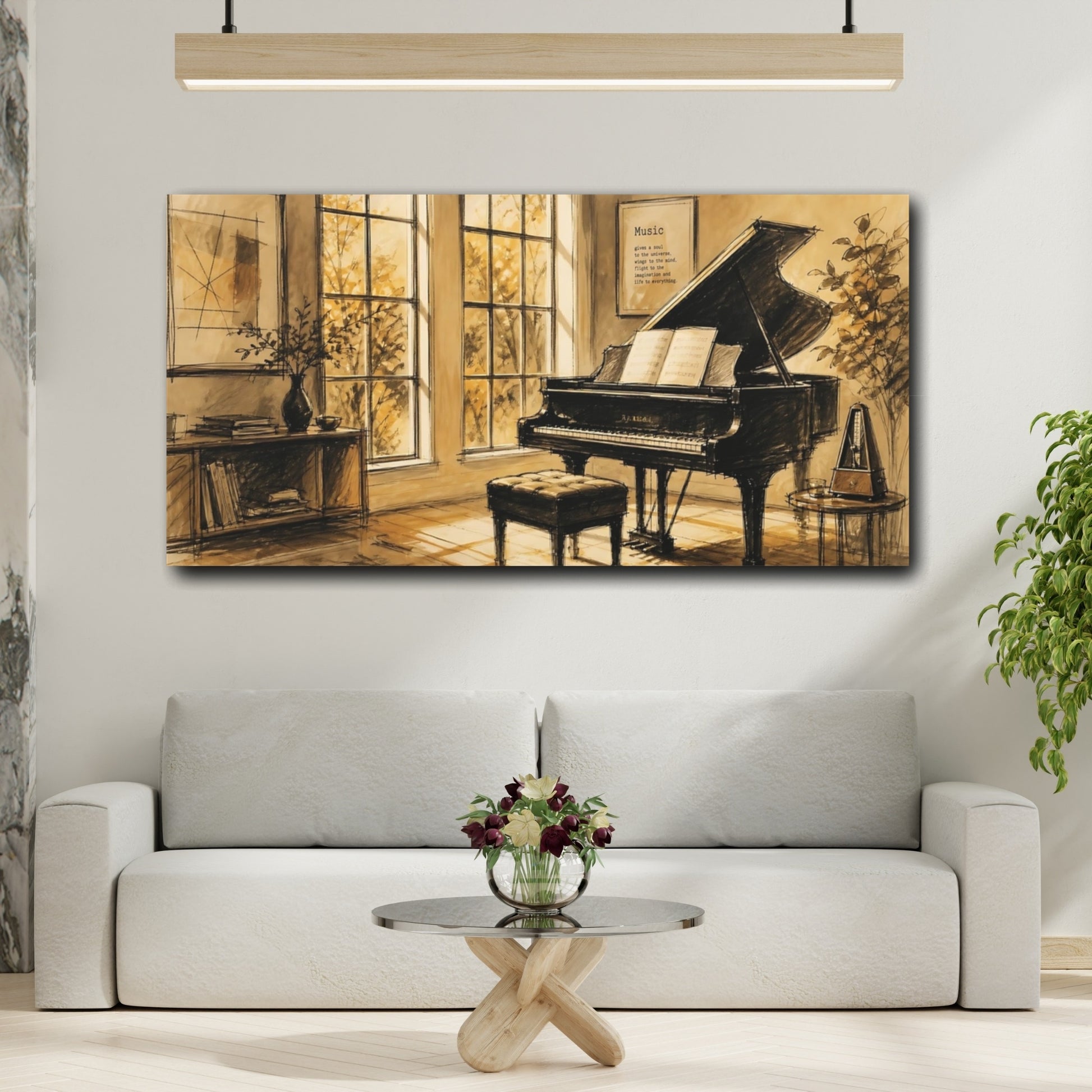 Mockup 2. Sunlit Grand Piano In Sepia shown as canvas print