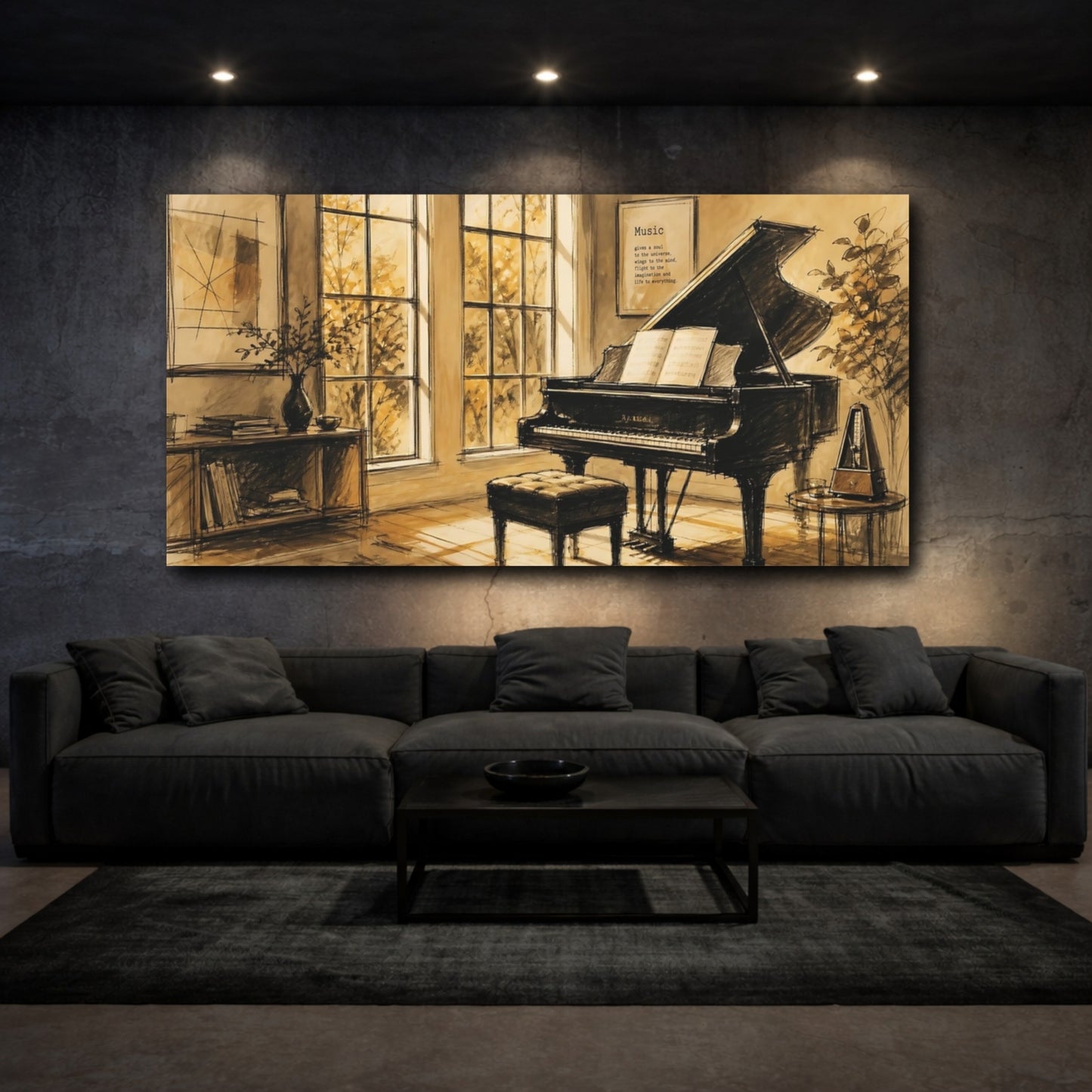 Mockup 3. Sunlit Grand Piano In Sepia shown as canvas print