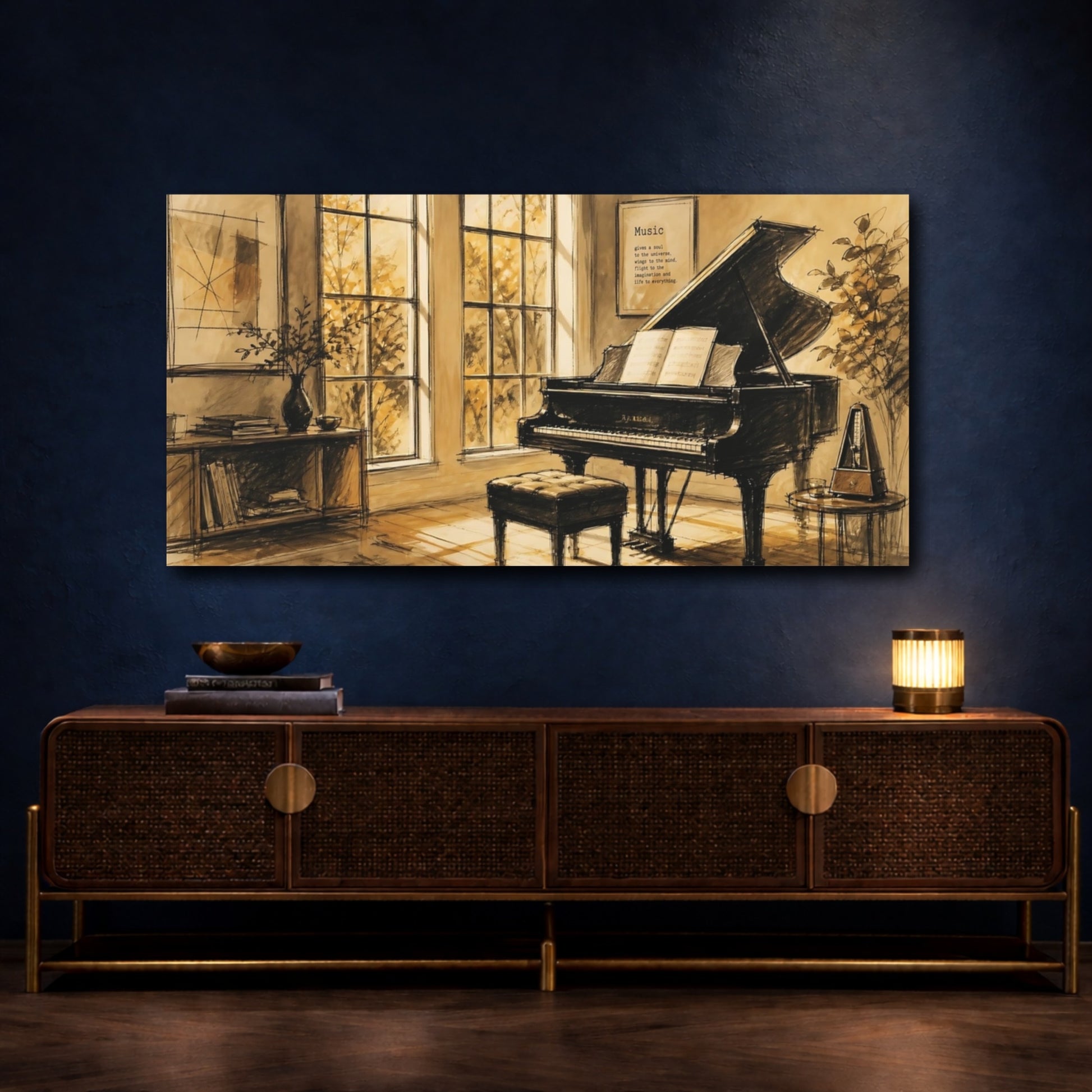 Mockup 4. Sunlit Grand Piano In Sepia shown as canvas print