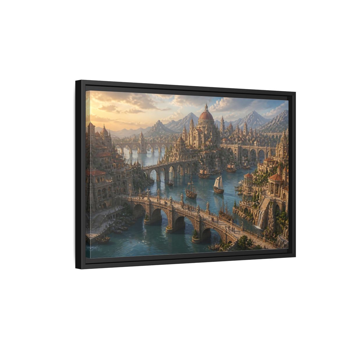Side Mockup 3. Sunlit Harbor Of Bridges shown as framed canvas print