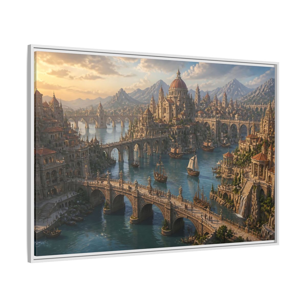 Side Mockup 7. Sunlit Harbor Of Bridges shown as framed canvas print