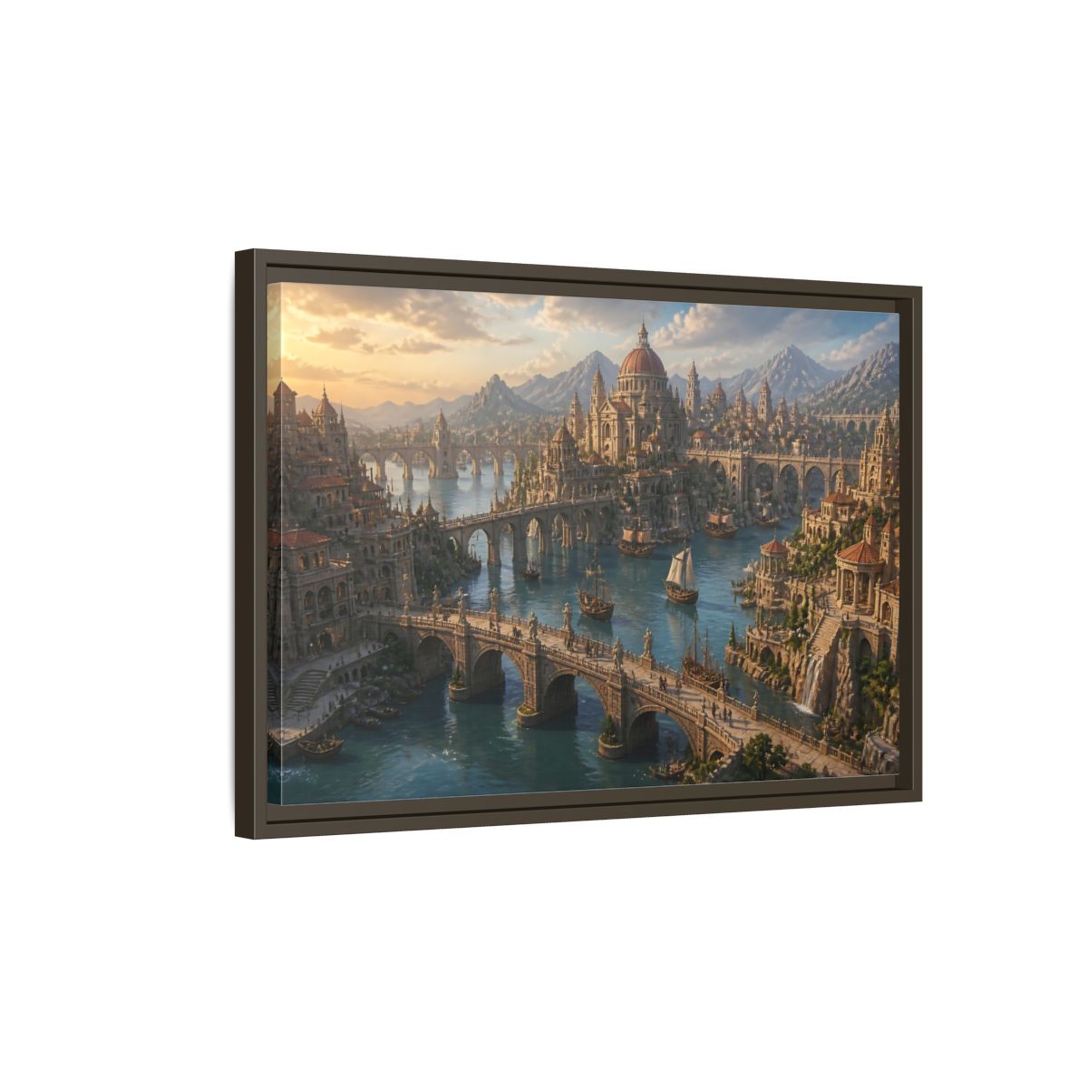 Side Mockup 2. Sunlit Harbor Of Bridges shown as framed canvas print
