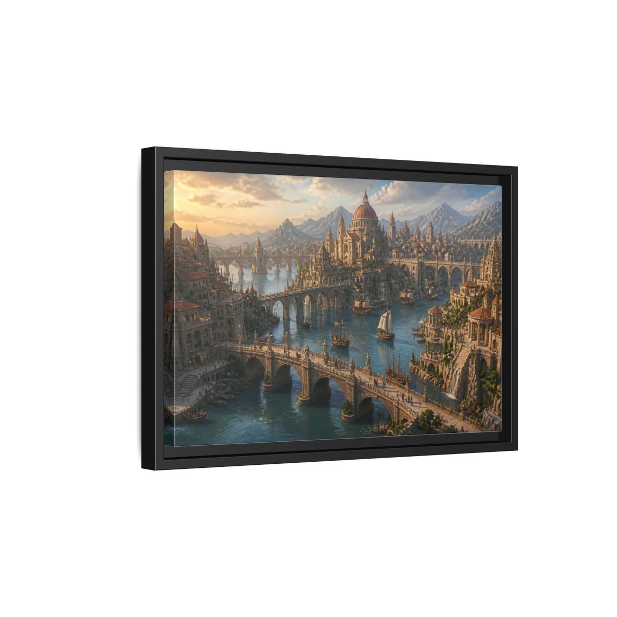 Side Mockup 6. Sunlit Harbor Of Bridges shown as framed canvas print