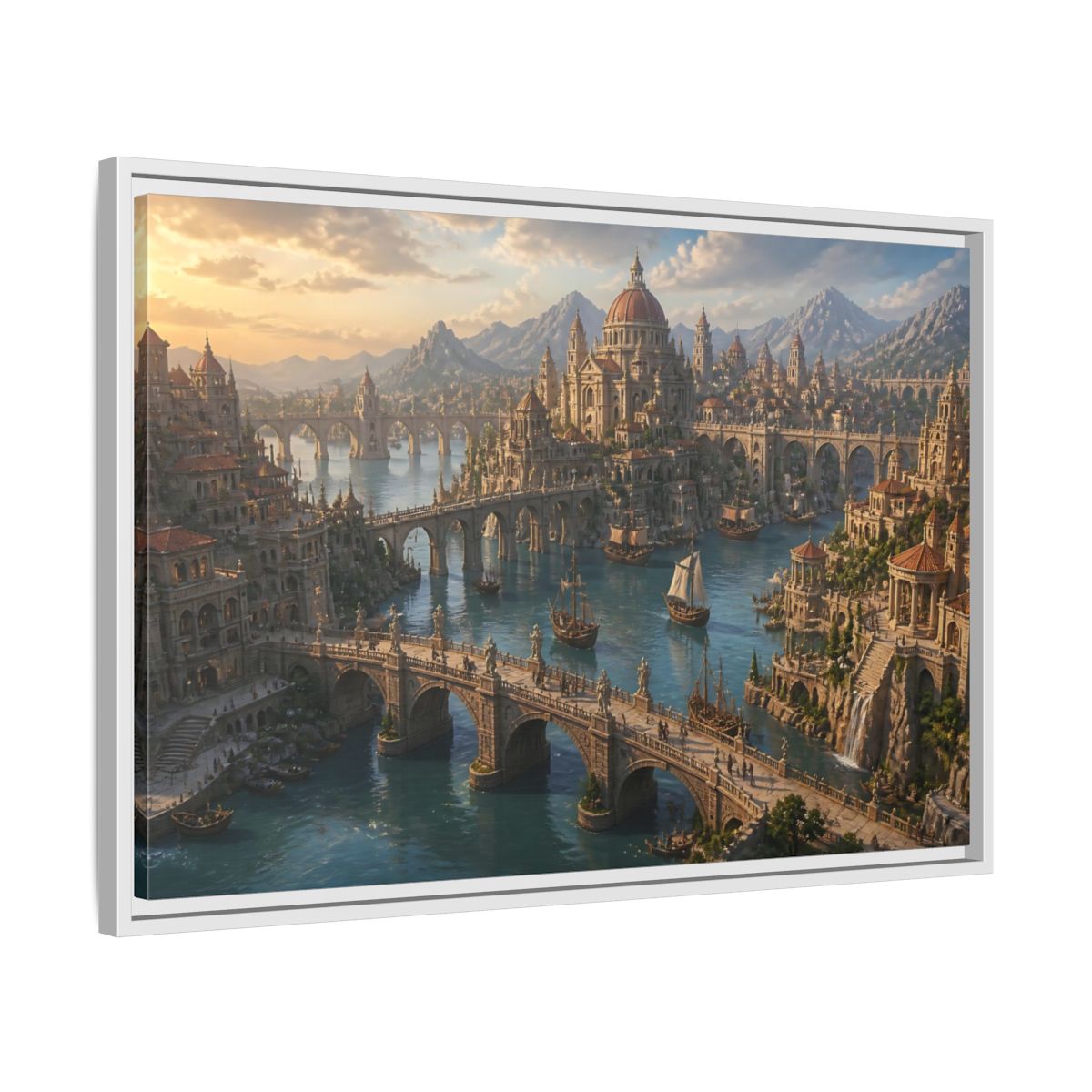 Side Mockup 10. Sunlit Harbor Of Bridges shown as framed canvas print