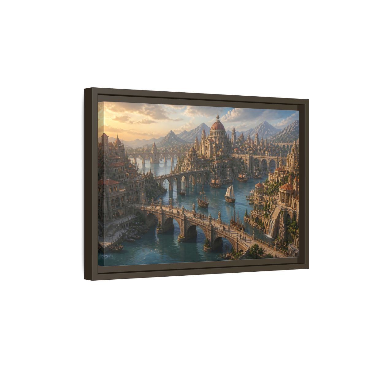 Side Mockup 5. Sunlit Harbor Of Bridges shown as framed canvas print