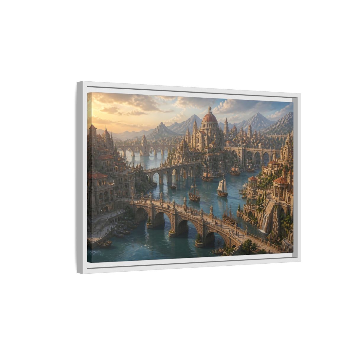 Side Mockup 1. Sunlit Harbor Of Bridges shown as framed canvas print