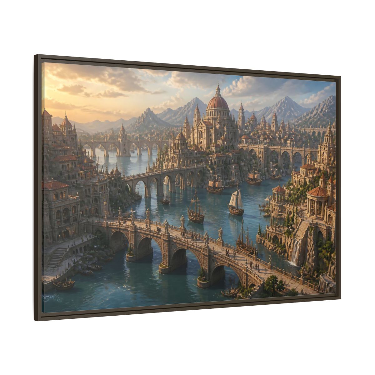 Side Mockup 8. Sunlit Harbor Of Bridges shown as framed canvas print