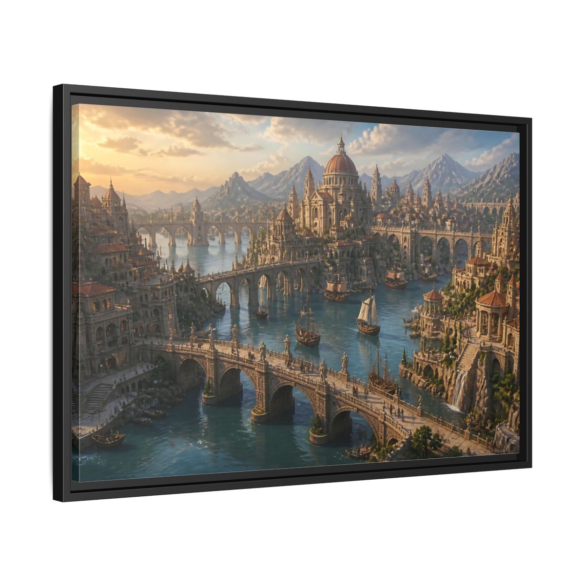Side Mockup 14. Sunlit Harbor Of Bridges shown as framed canvas print
