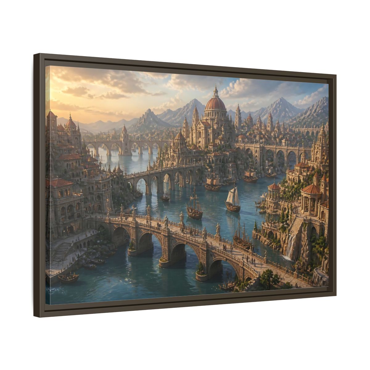 Side Mockup 11. Sunlit Harbor Of Bridges shown as framed canvas print