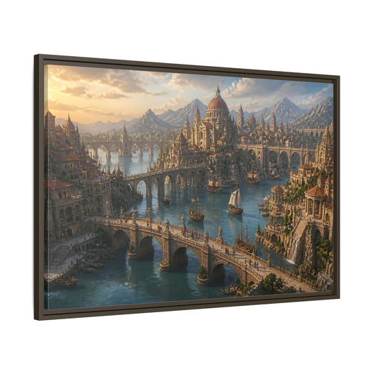 Main Mockup. Sunlit Harbor Of Bridges shown as framed canvas print