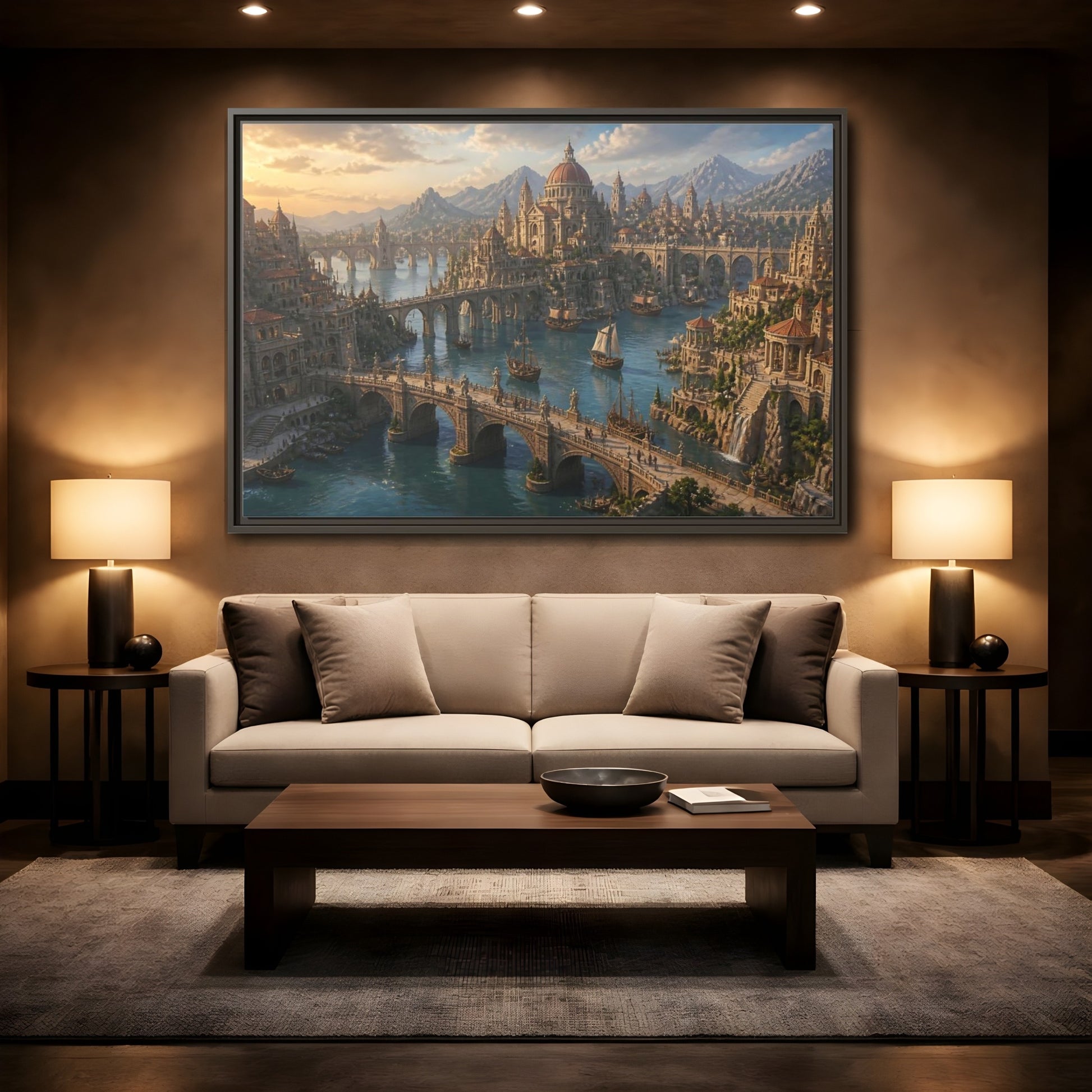 Mockup 2. Sunlit Harbor Of Bridges shown as framed canvas print