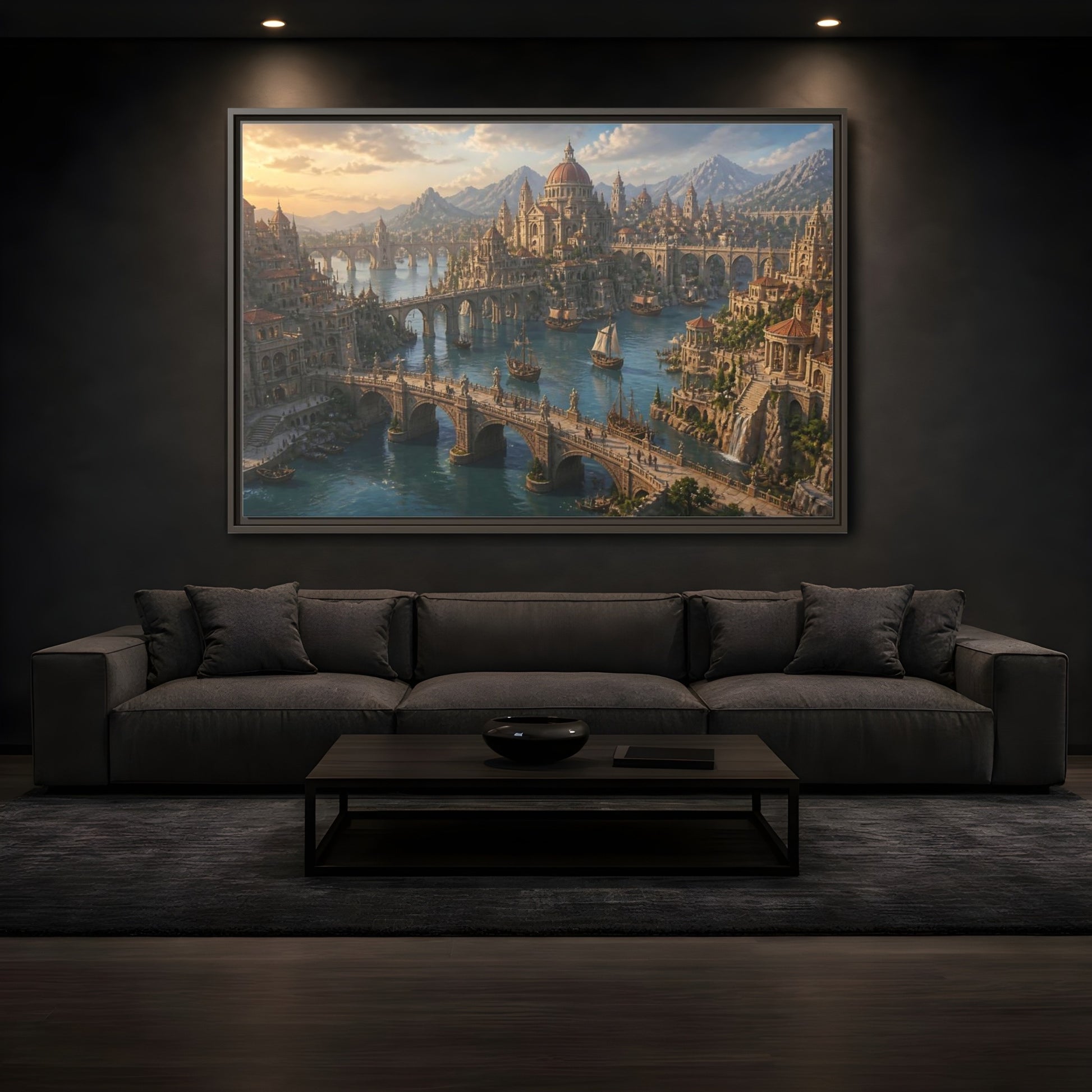Mockup 3. Sunlit Harbor Of Bridges shown as framed canvas print