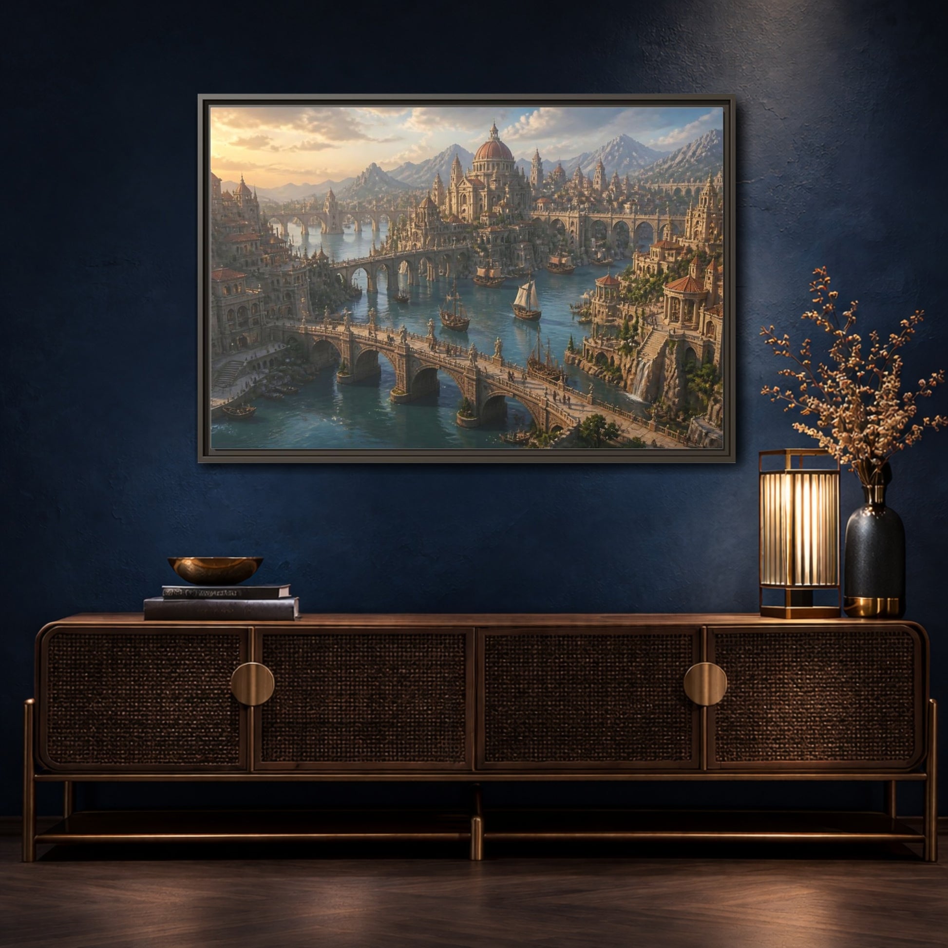 Mockup 4. Sunlit Harbor Of Bridges shown as framed canvas print