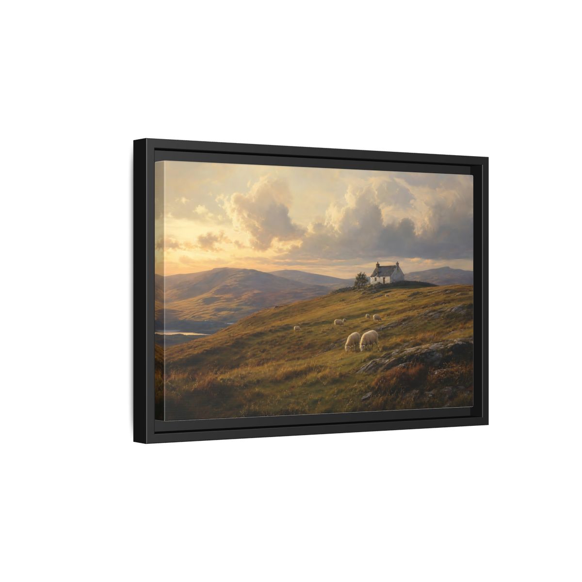 Side Mockup 6. Sunlit Highland Cottage shown as framed canvas print