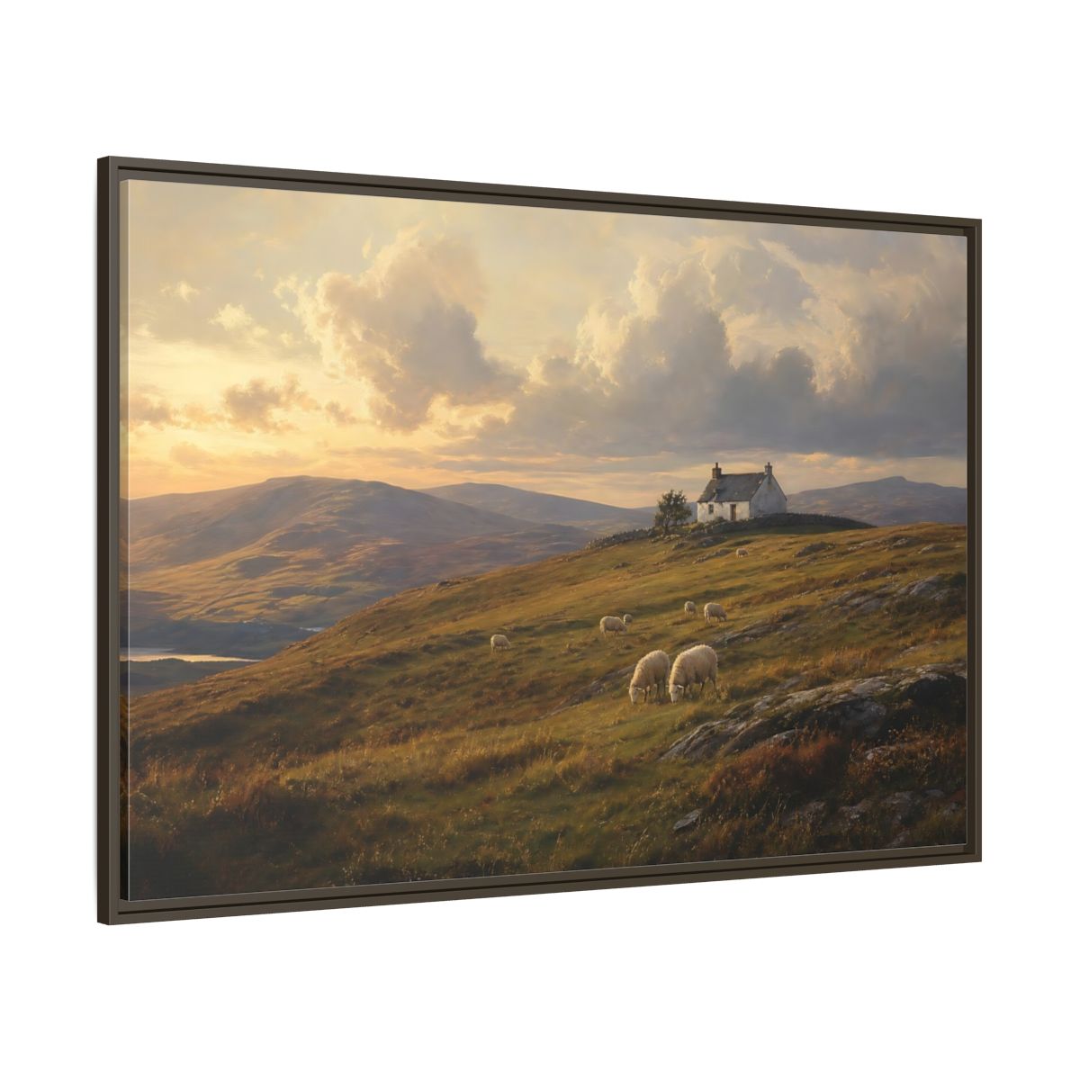 Side Mockup 8. Sunlit Highland Cottage shown as framed canvas print