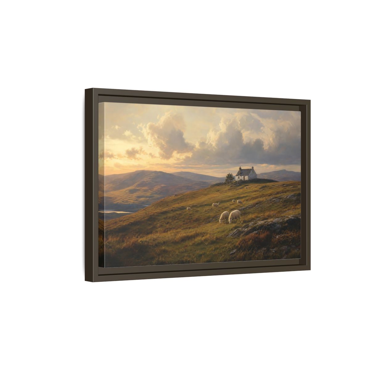 Side Mockup 5. Sunlit Highland Cottage shown as framed canvas print
