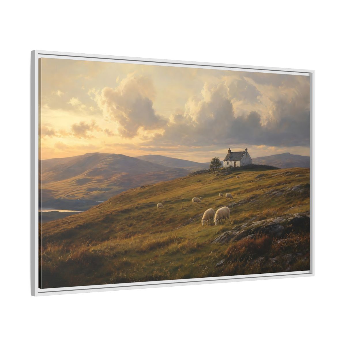Side Mockup 7. Sunlit Highland Cottage shown as framed canvas print