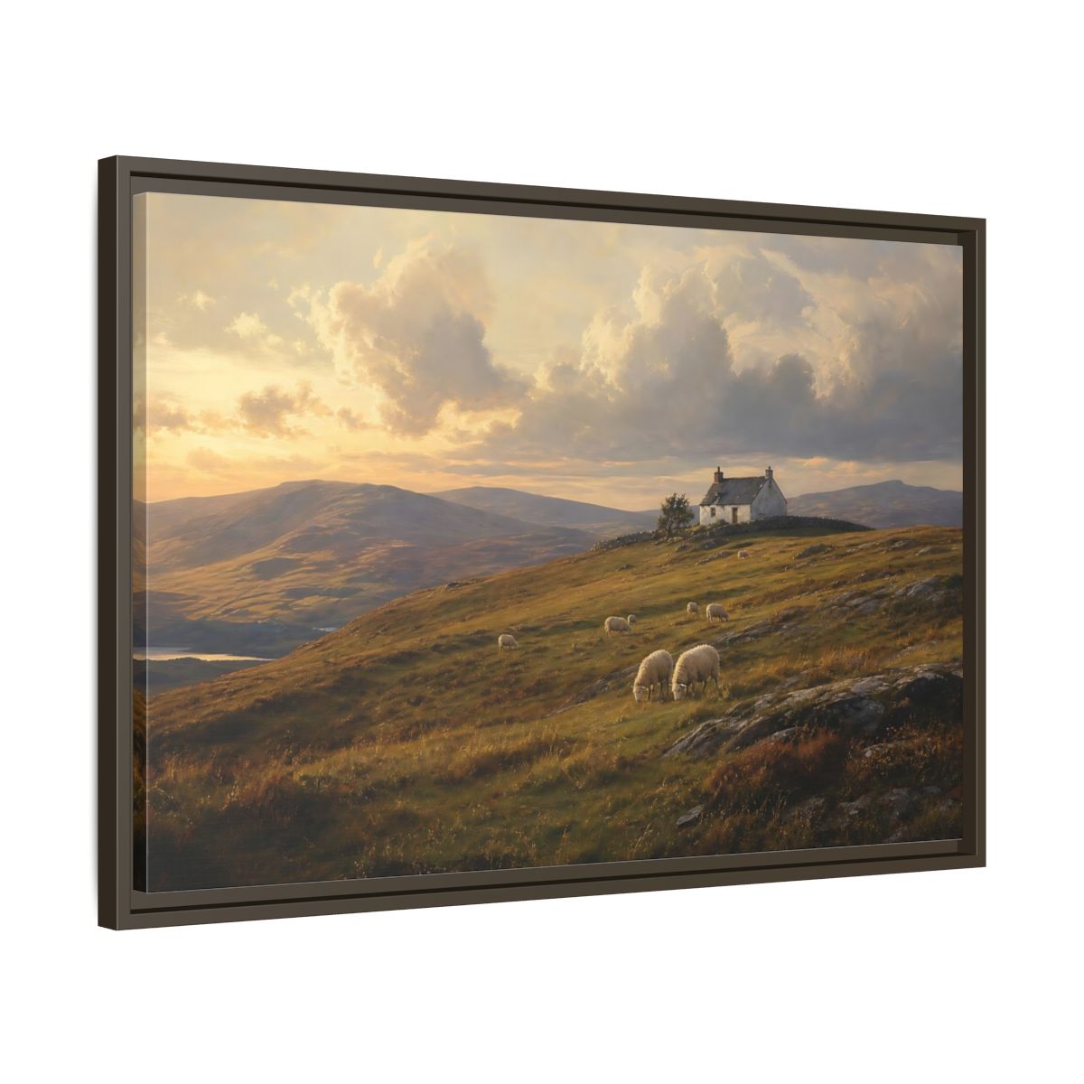 Side Mockup 11. Sunlit Highland Cottage shown as framed canvas print