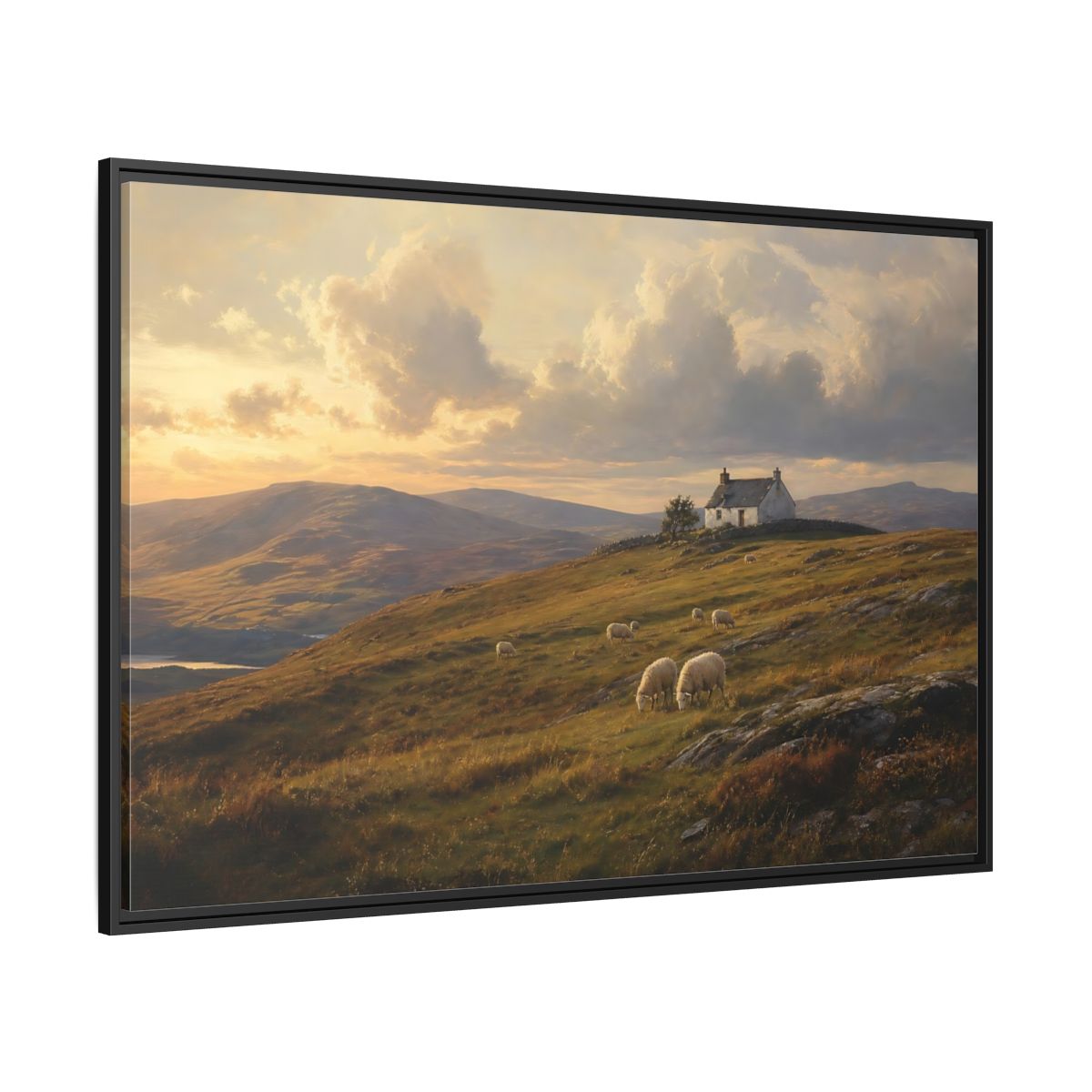 Side Mockup 12. Sunlit Highland Cottage shown as framed canvas print