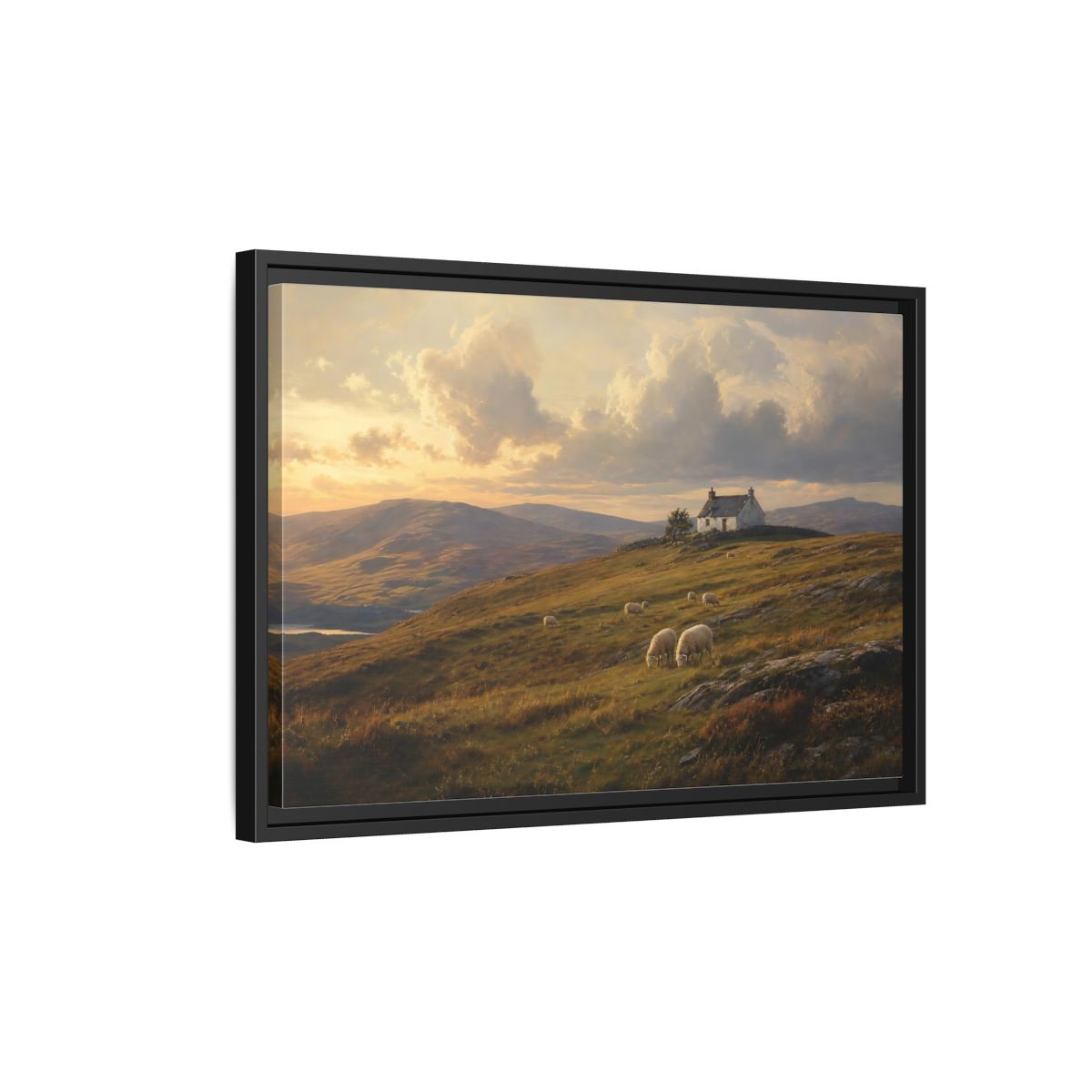 Side Mockup 3. Sunlit Highland Cottage shown as framed canvas print