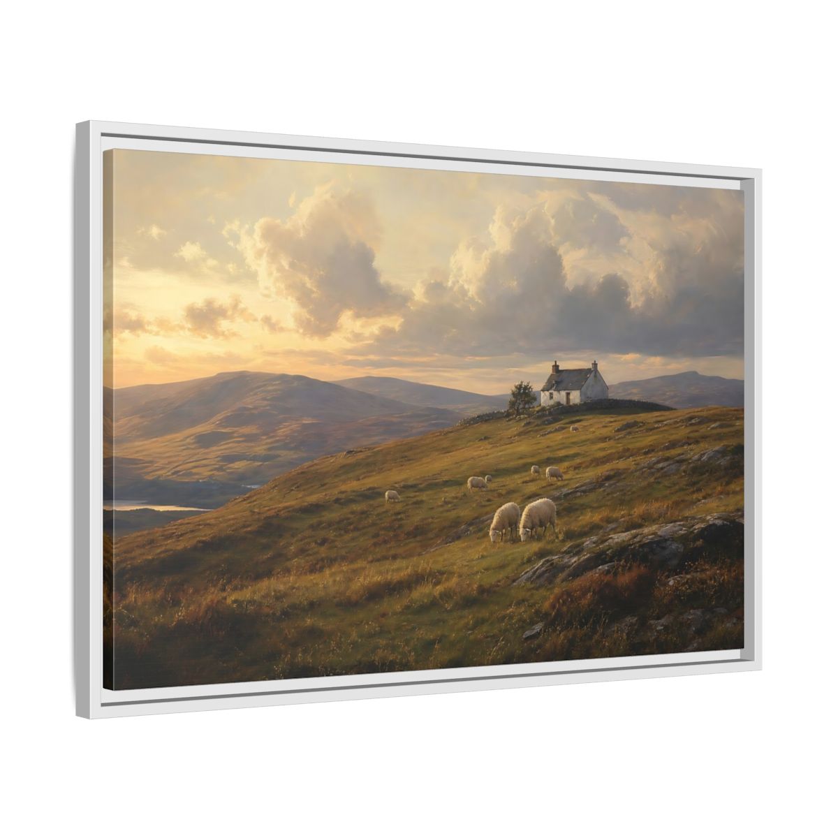 Side Mockup 10. Sunlit Highland Cottage shown as framed canvas print