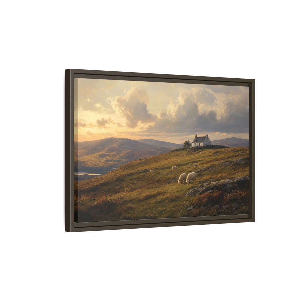 Side Mockup 2. Sunlit Highland Cottage shown as framed canvas print
