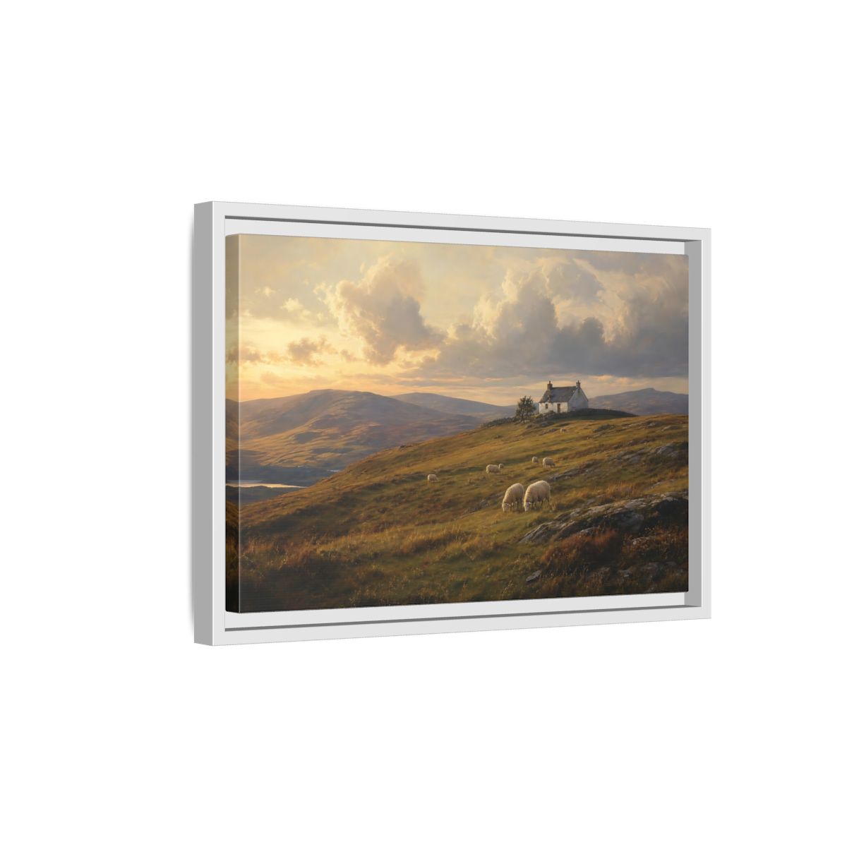 Side Mockup 4. Sunlit Highland Cottage shown as framed canvas print