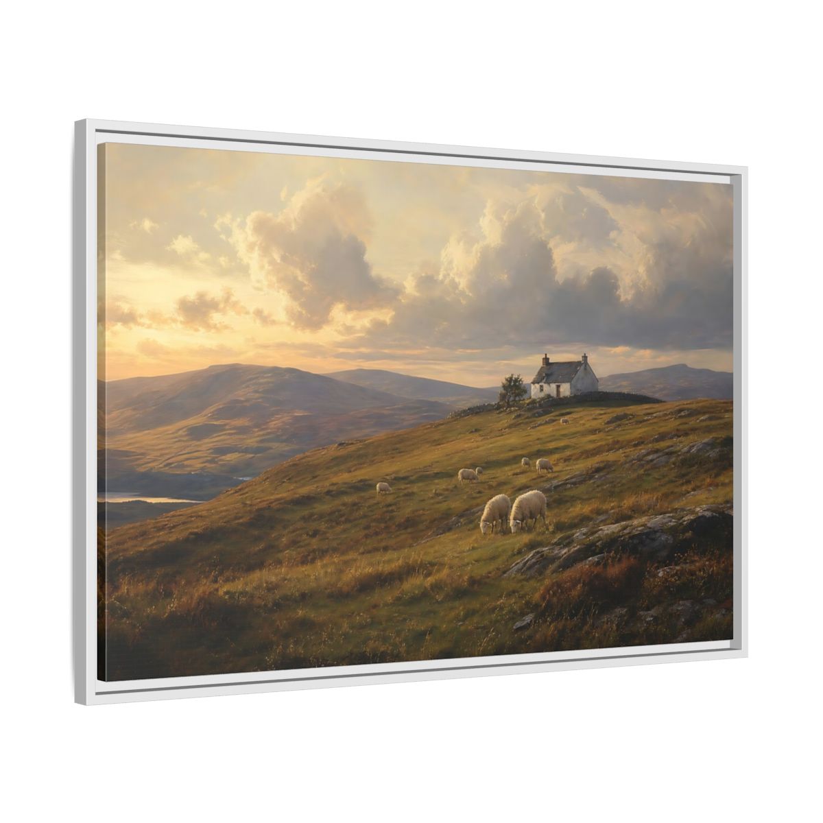 Side Mockup 9. Sunlit Highland Cottage shown as framed canvas print