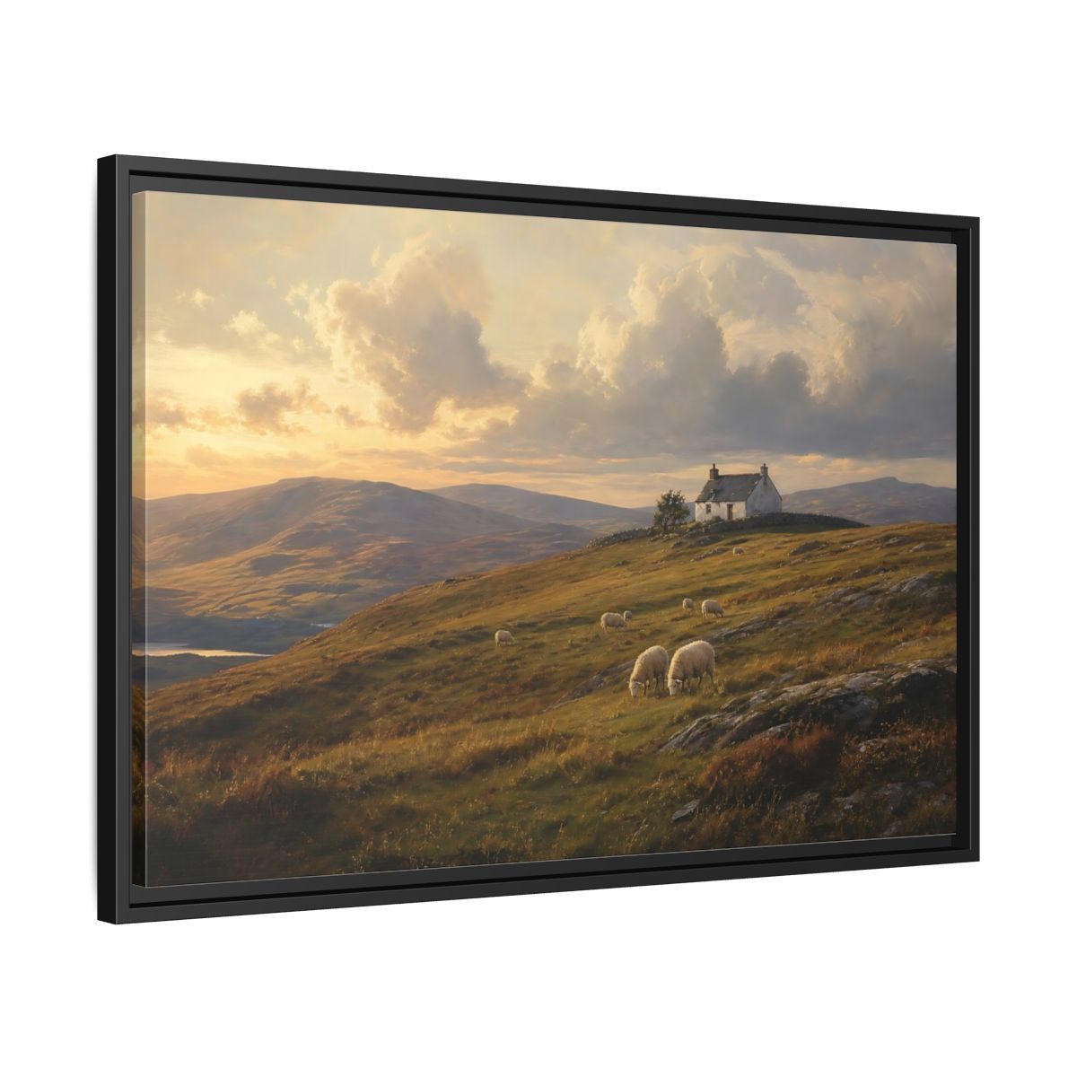 Side Mockup 14. Sunlit Highland Cottage shown as framed canvas print