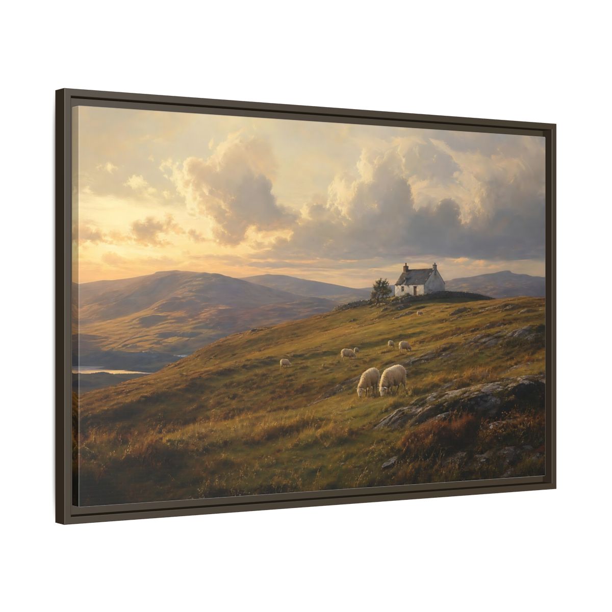 Main Mockup. Sunlit Highland Cottage shown as framed canvas print