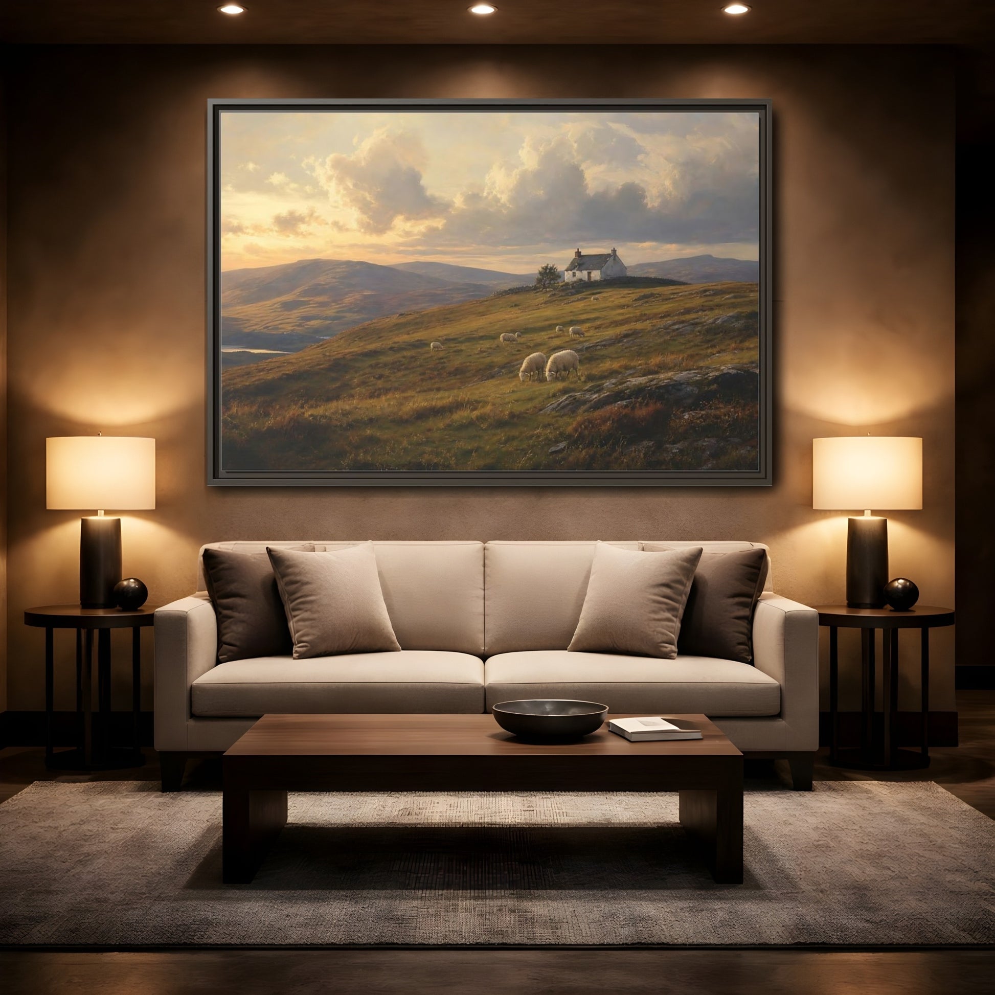 Mockup 2. Sunlit Highland Cottage shown as framed canvas print