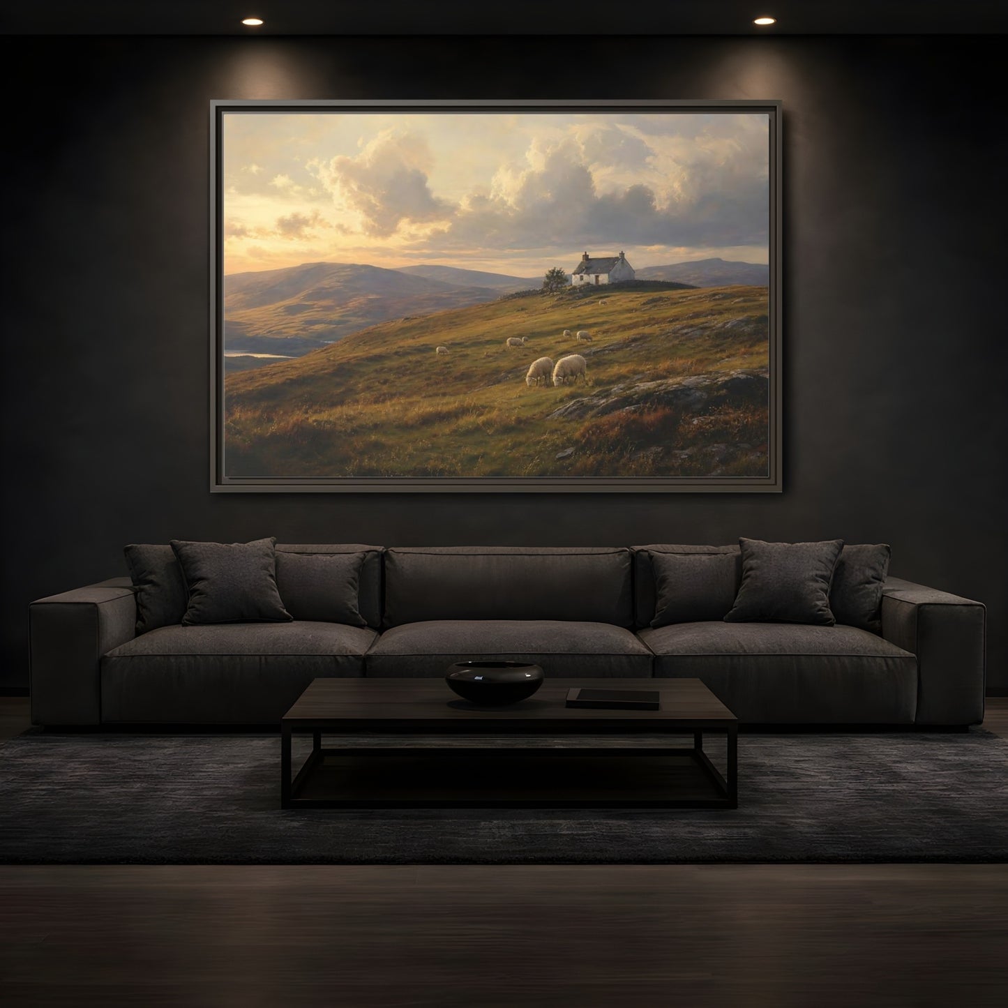 Mockup 3. Sunlit Highland Cottage shown as framed canvas print
