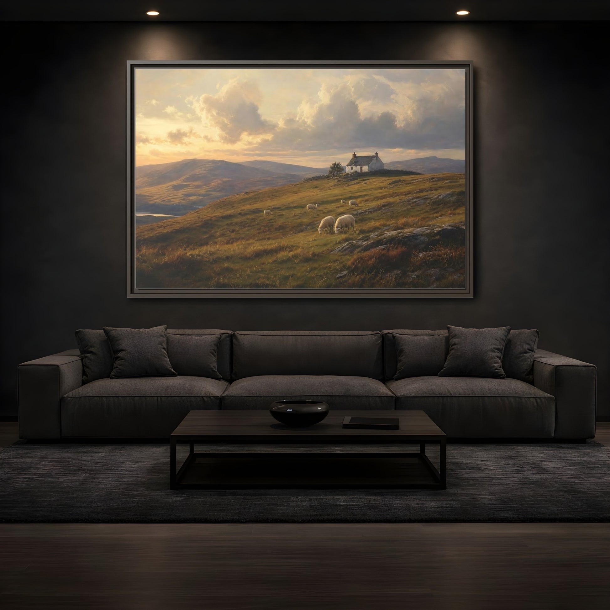 Mockup 3. Sunlit Highland Cottage shown as framed canvas print