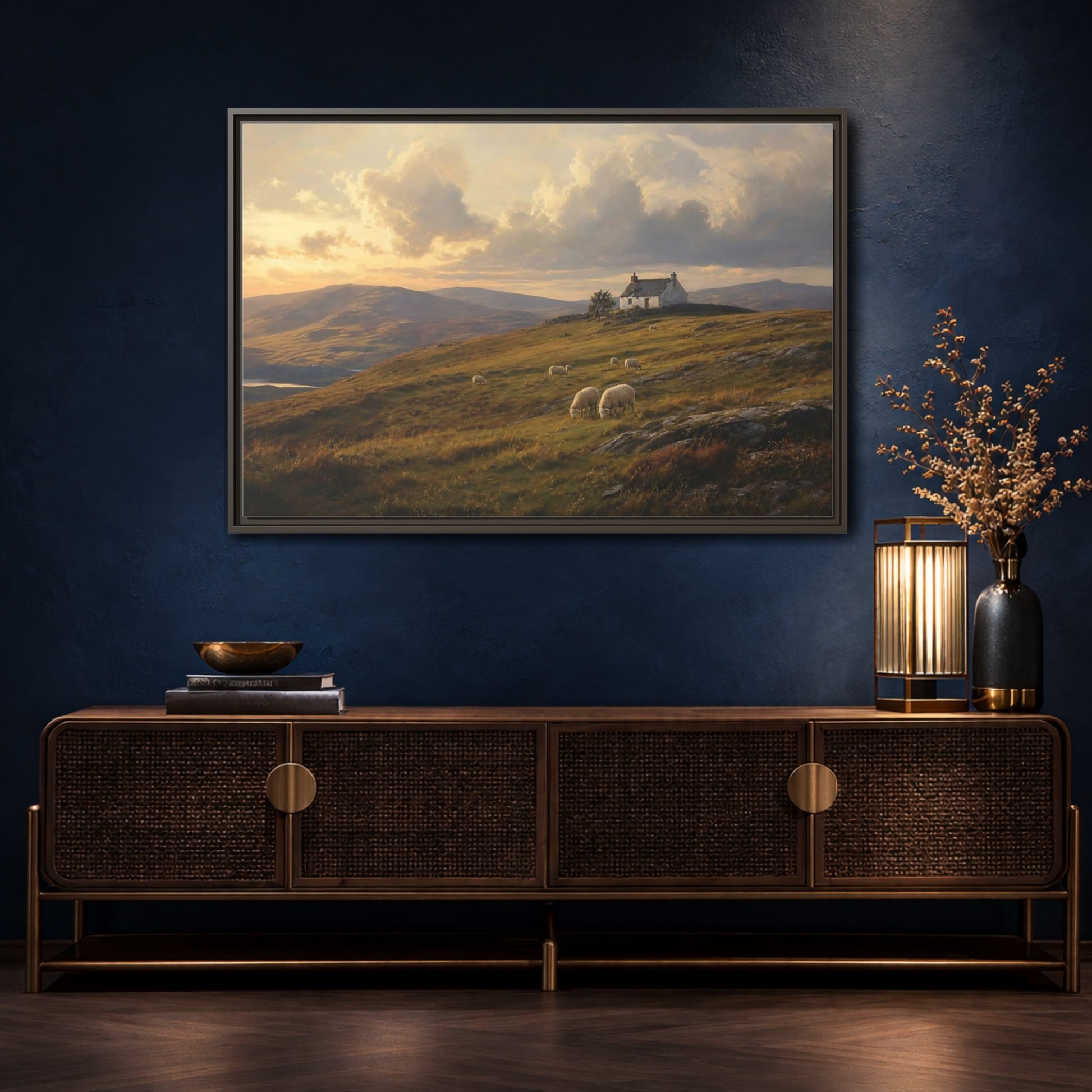 Mockup 4. Sunlit Highland Cottage shown as framed canvas print