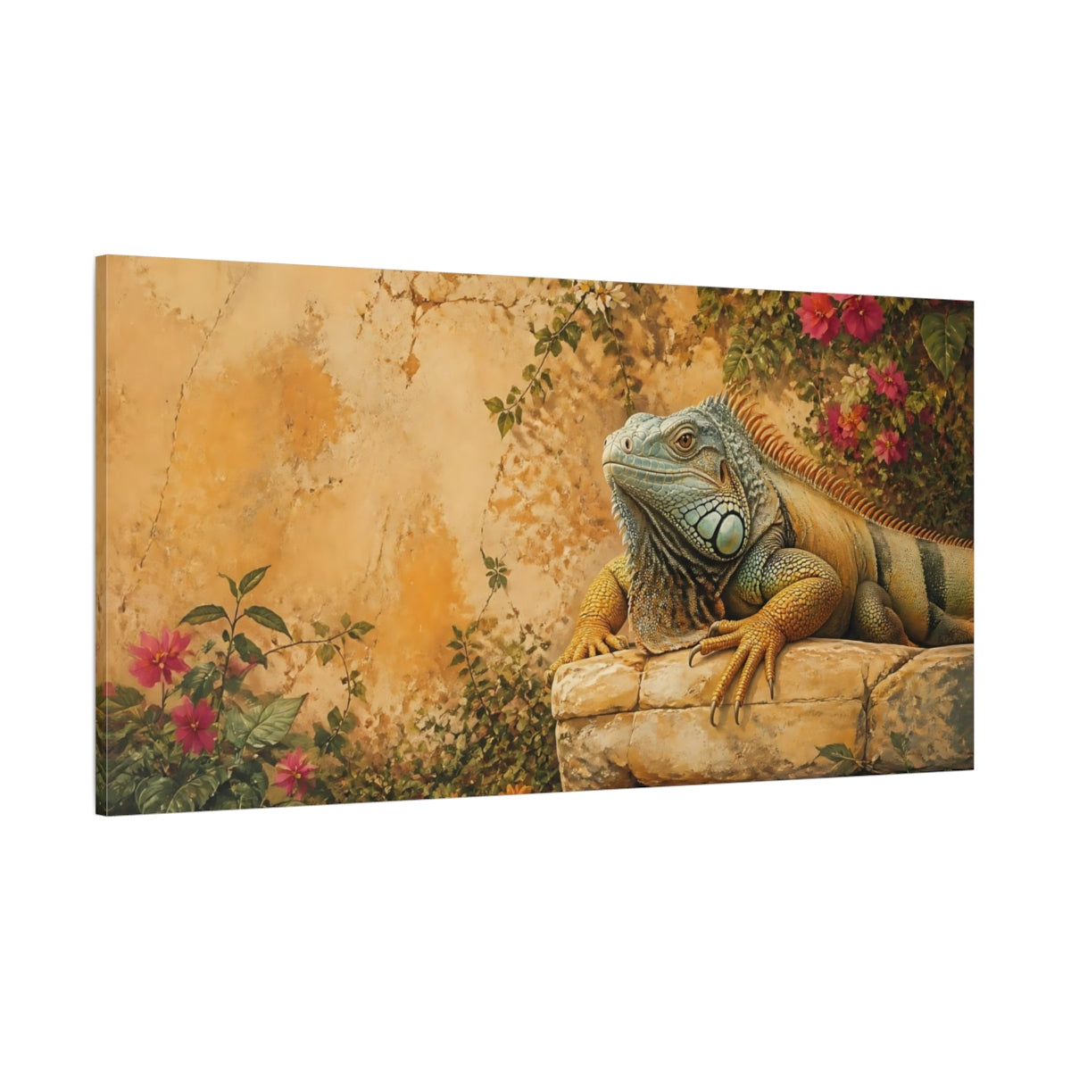 Side Mockup 2. Sunlit Iguana On Stone shown as canvas print