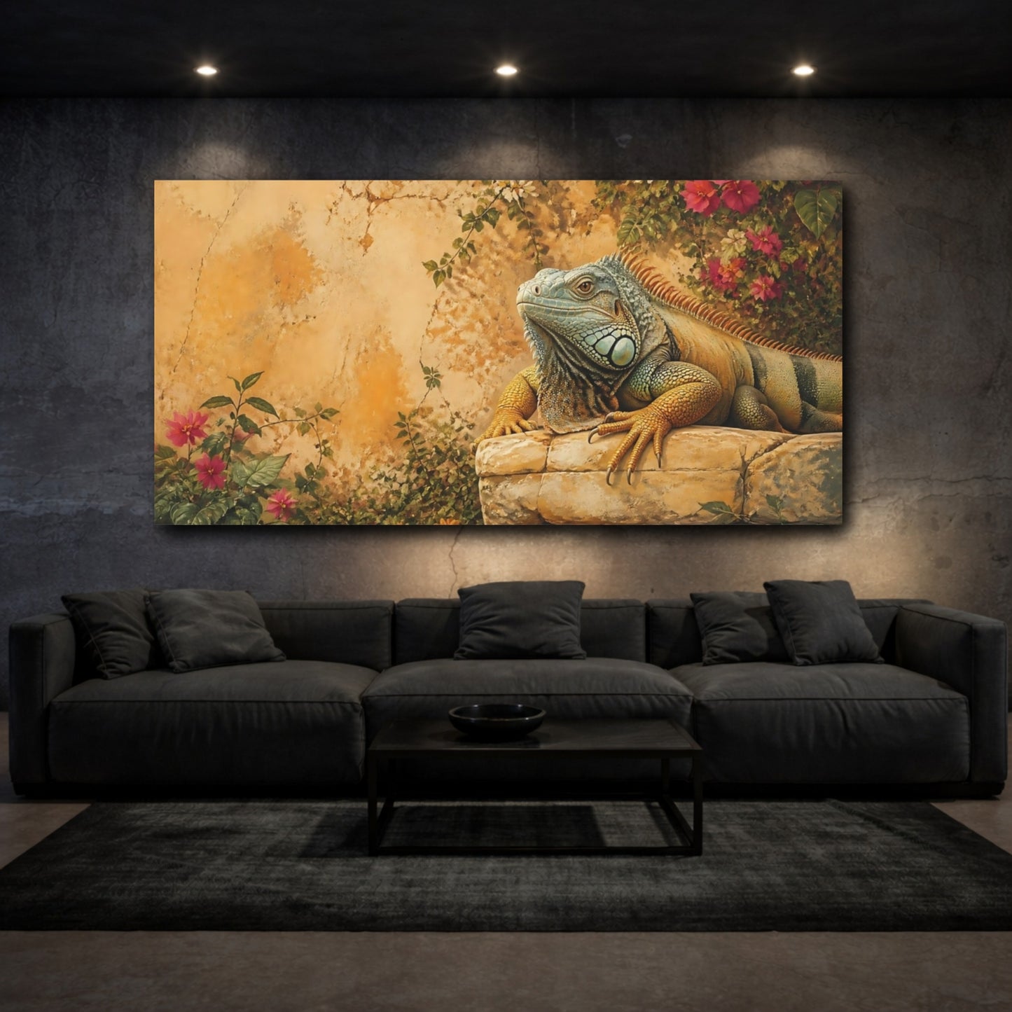 Mockup 3. Sunlit Iguana On Stone shown as canvas print