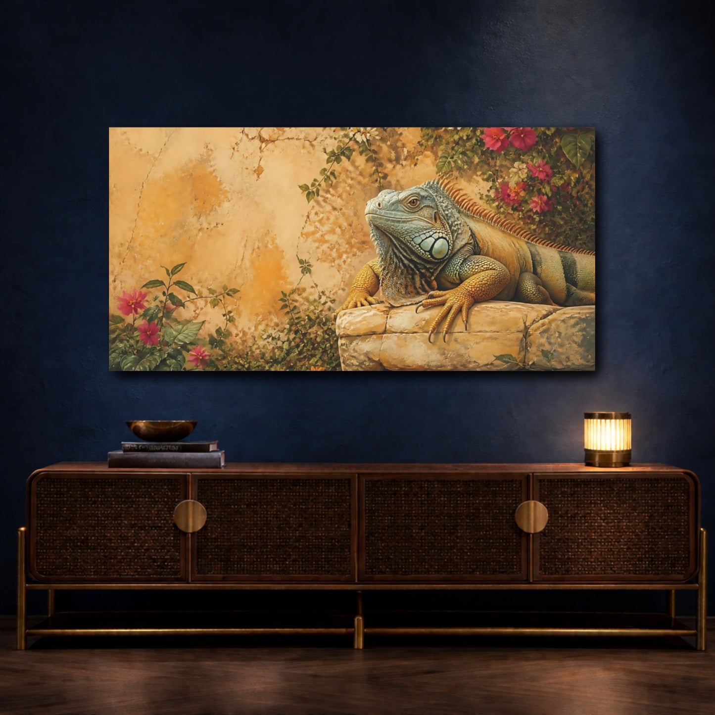 Mockup 4. Sunlit Iguana On Stone shown as canvas print