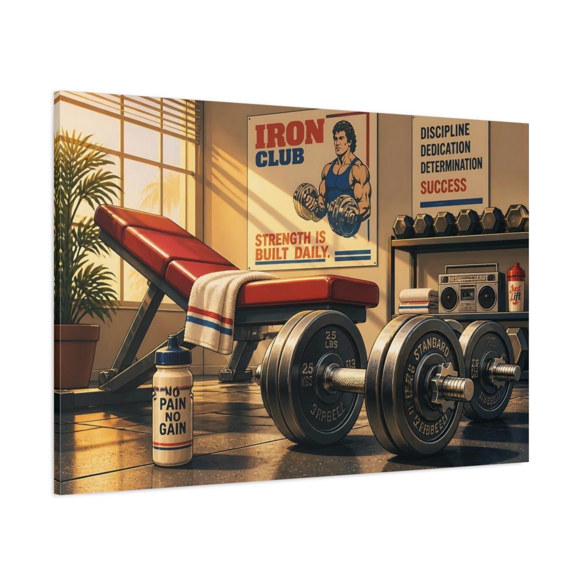 Side Mockup 1. Sunlit Iron Club Gym shown as canvas print